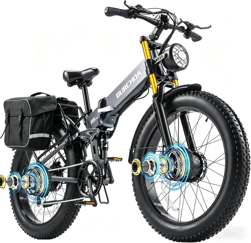 2026 Dual Motor Electric Bike for Adults AWD 5000W/3000W Peak 40 MPH/30 MPH E Dirt Bike, 52V/48V Removable Battery 65/80/150 Miles Max Long Range with Full Suspension 26' Fat Tires Mountain Bike