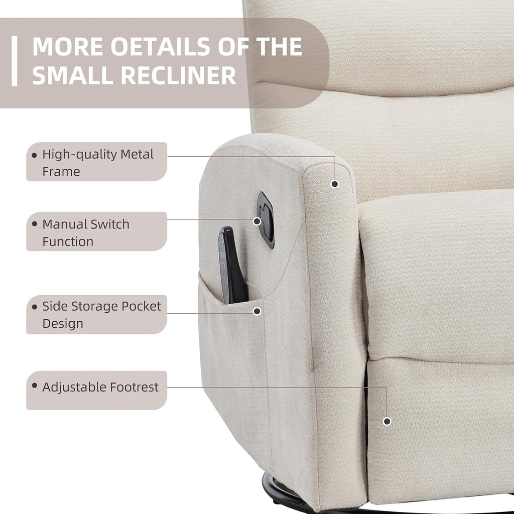 PELUMY 360° Swivel Rocker Recliner with Heat & Vibration Massage, Glider Rocking Chair for Adults, Compact Recliner for Living Room, Small Spaces, Nursery, Bedroom (Chenille, Beige)