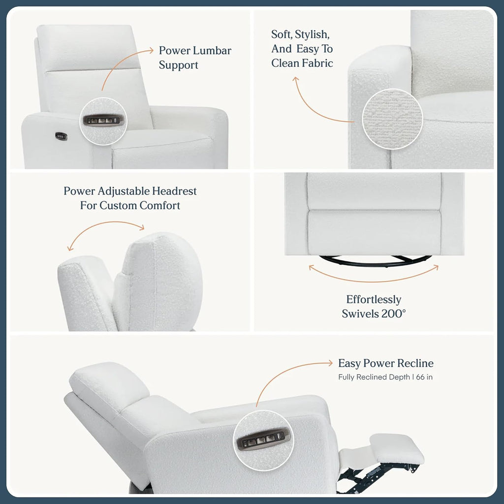 Nurture& The Glider Plus - Premium Nursery Power Recliner | Swivel Chair with Adjustable Head Support and Adjustable Lumbar Support | Built-in USB - The Ultimate Comfort for Nursing, Relaxing (Boucle)