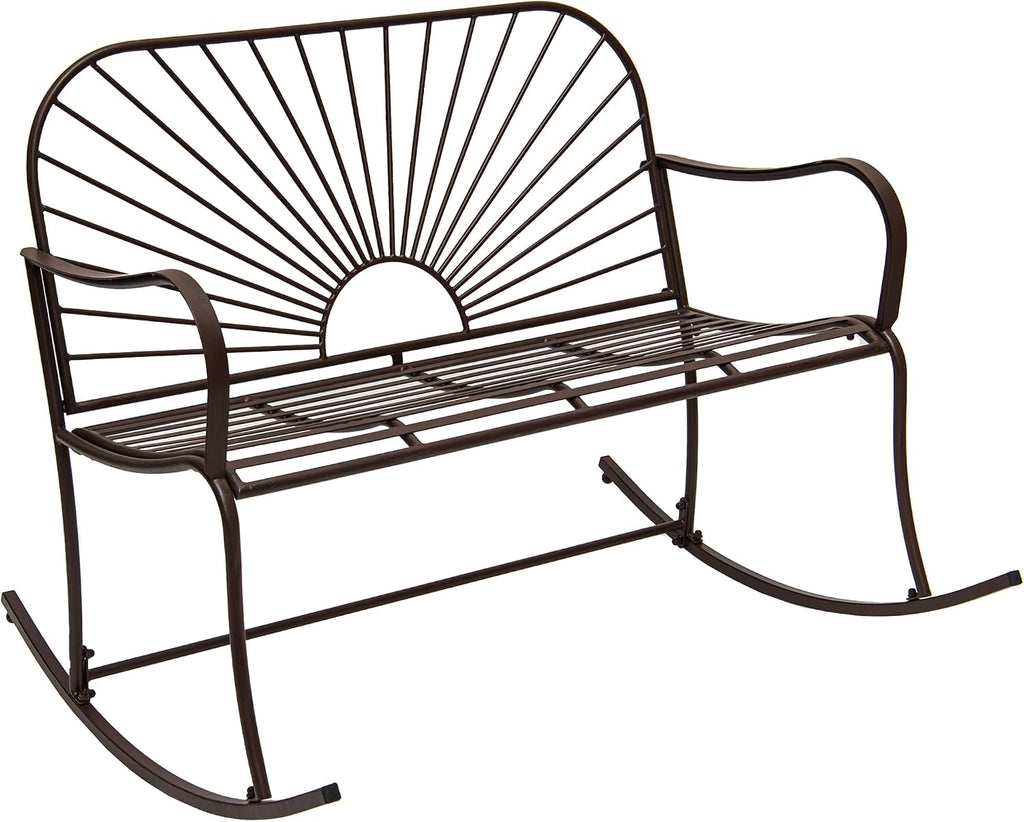 XBrand Outdoor Iron Glider Rocking Bench, Weather-Resistant Patio Glider Rocking Chair with Sun-Pattern Backrest, Heavy-Duty Porch Garden Seating for Yard & Patio, Brown