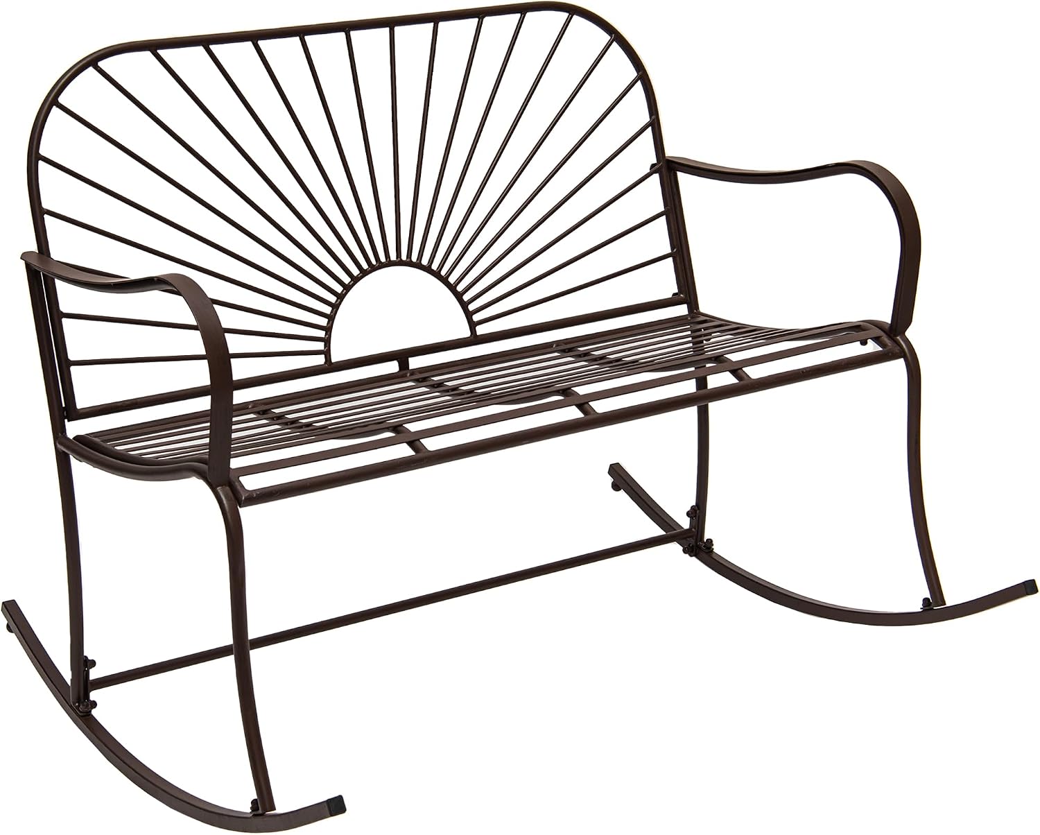 XBrand Outdoor Iron Glider Rocking Bench, Weather-Resistant Patio Glider Rocking Chair with Sun-Pattern Backrest, Heavy-Duty Porch Garden Seating for Yard & Patio, Brown