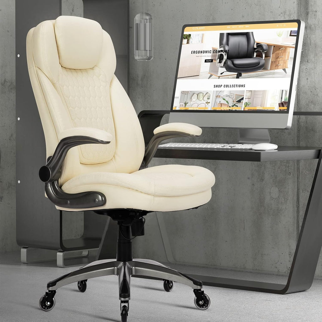 COLAMY Ergonomic Office Chair, Set of 2 Boxes, High Back Leather Desk Chair with Flip-up Arms, Adjustable Height & Rocking Function, Silent Wheels, Ivory Executive Computer Chair, 300lbs Capacity