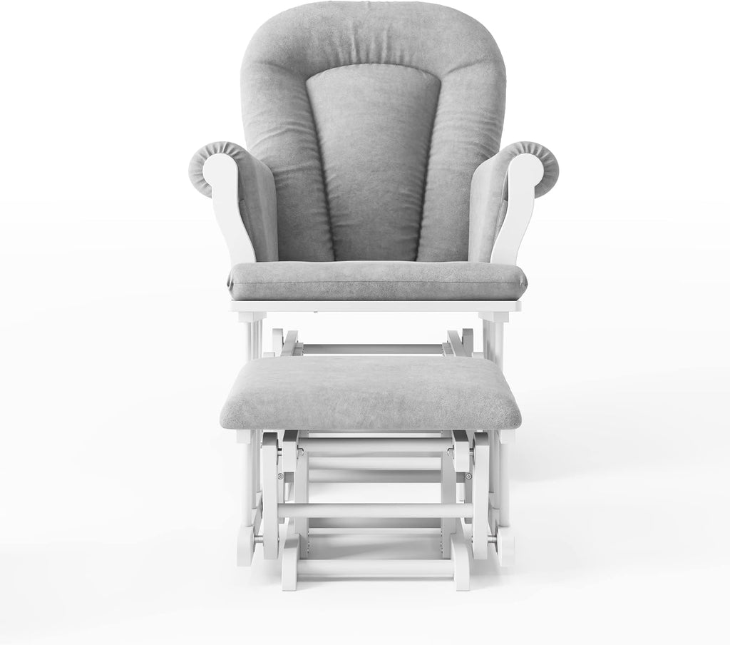 Child Craft Cozy Glider Rocker and Ottoman Set, Smooth Quiet Gliding Motion, Padded Cushion with Convenient Storage Pockets, Solid Wood Base & Frame (Matte White with Light Gray Cushion)
