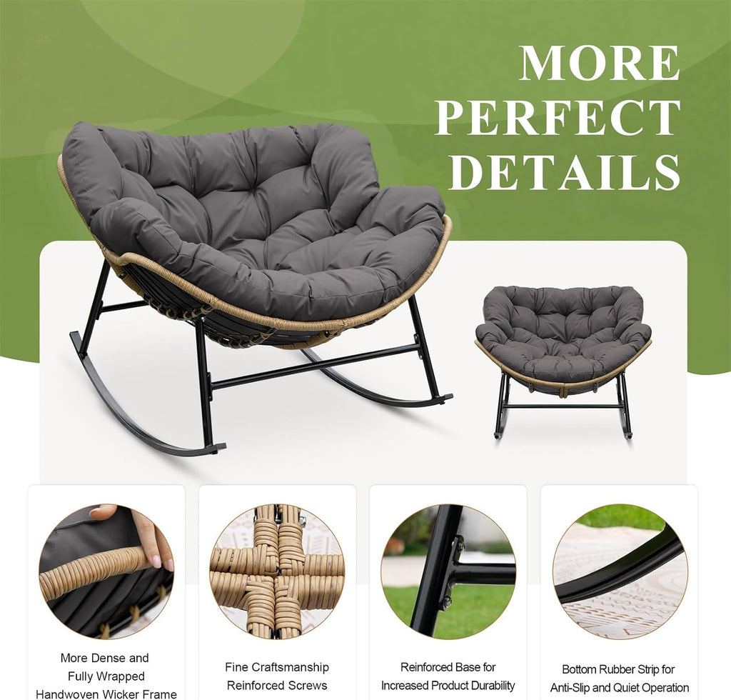 FINCATI Indoor Outdoor Papasan Rocking Chair, Modern Large Reading Lounge Recliner with Cushion, Comfy Big Wicker Rattan Egg Chairs, 450 lbs Sturdy Glider for Bedroom Living Room Porch Garden Grey