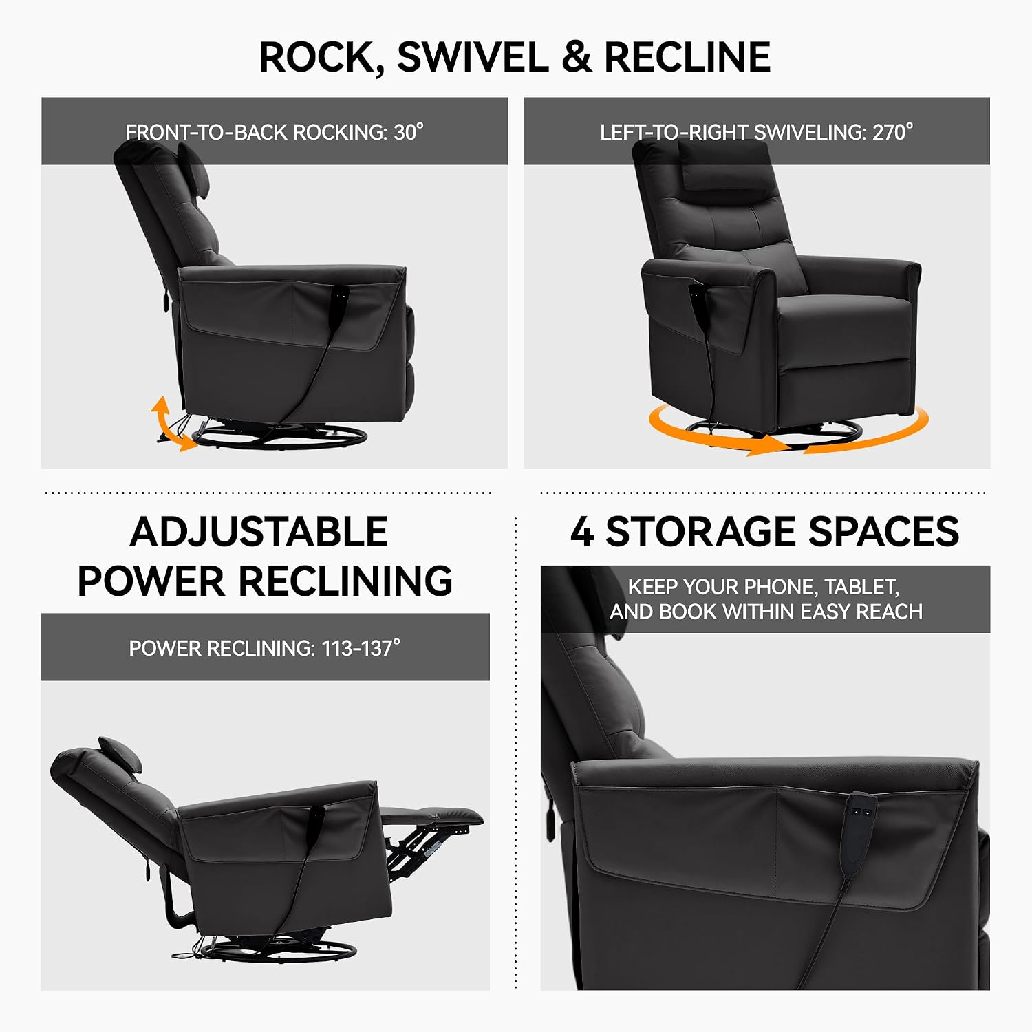 AIRSKY Genuine Leather Power Rocker Recliner Chair, Italian Water-Washing Process, Rocking Chair Nursery,Swivel Rocker Recliner Nursery Glider, Small Recliners for Small Spaces, Black, P1