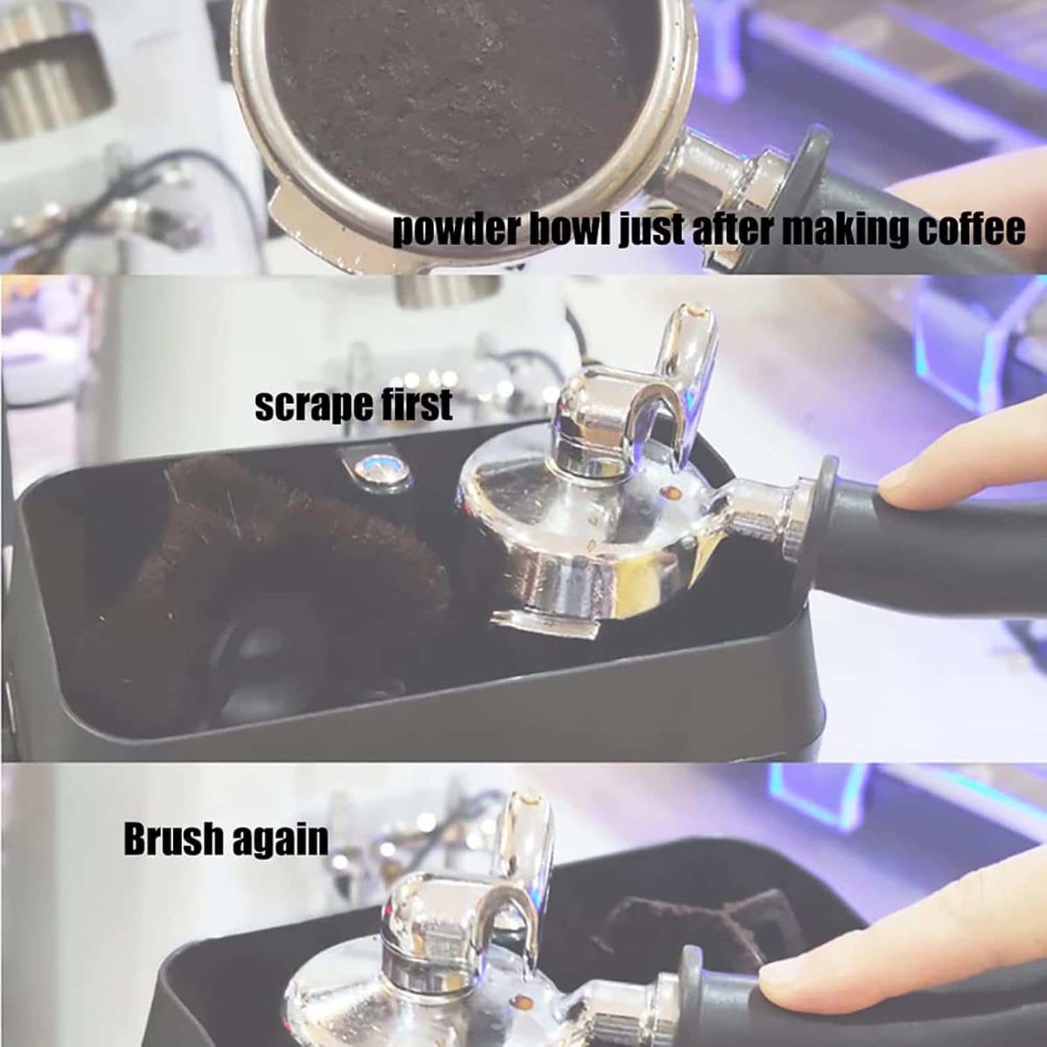 Electric Coffee Portafilter Cleaning Machine,150W Automatic Portafilter Cleaner with 2 Scrapers and 1 Brush Head,Commercial 58mm Coffee (Silver)
