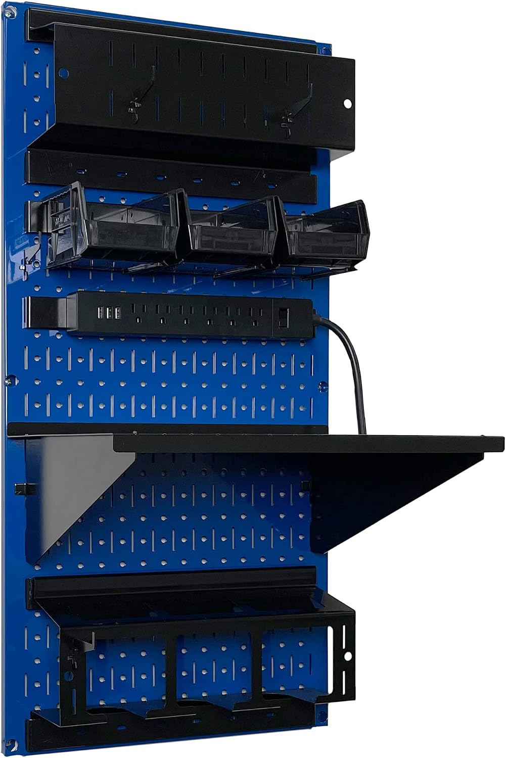 Wall Control Power Tool Storage Organizer Kit Cordless Drill Holder Charging Station Rack 16' x 32' Metal Pegboard Organization System (Blue Pegboard)