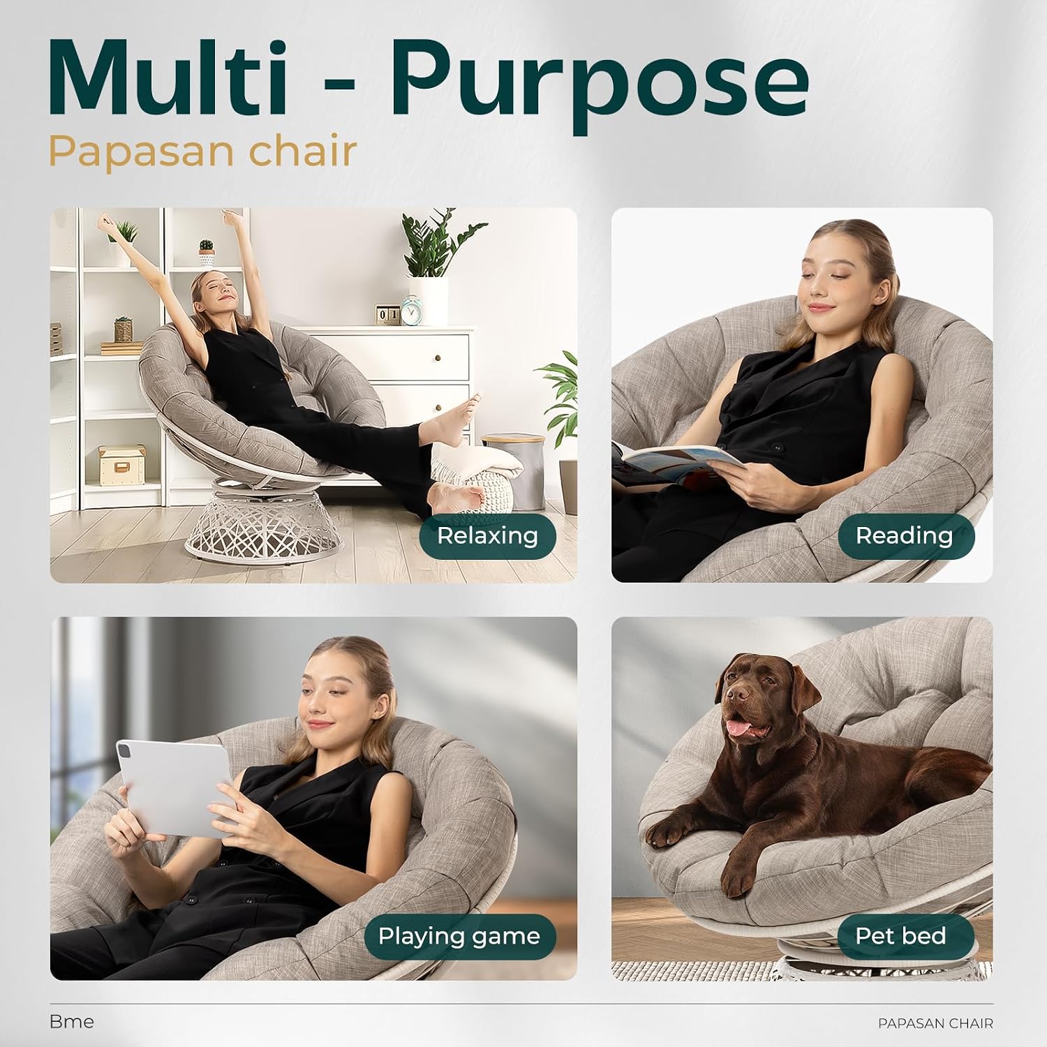 Bme 40' Ergonomic Wicker Papasan Chair with Soft Thick Density Fabric Cushion, High Capacity Steel Frame, 360 Degree Swivel for Living, Bedroom, Reading Room, Lounge