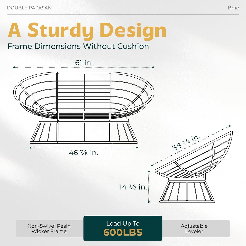Bme Double Papasan Chair, 600lbs Capacity, Ergonomic Design, Soft Thick Cushion, Bee-Designed Frame, Durable Steel, 61', Beige - Black Base