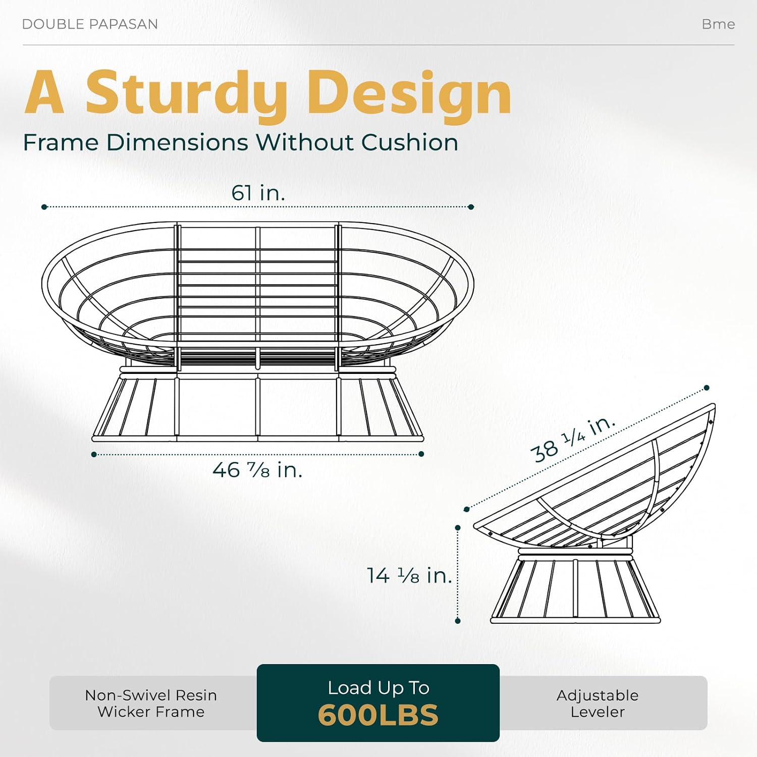Bme Double Papasan Chair, 600lbs Capacity, Ergonomic Design, Soft Thick Cushion, Bee-Designed Frame, Durable Steel, 61', Beige - Black Base