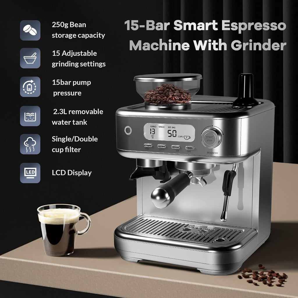 GarveeLife Espresso Machine with Grinder, Professional Coffee and Espresso Maker Combo, Stainless Steel Cafe Espresso Machine with Steam Wand Barista Kit for Cappuccino Latte