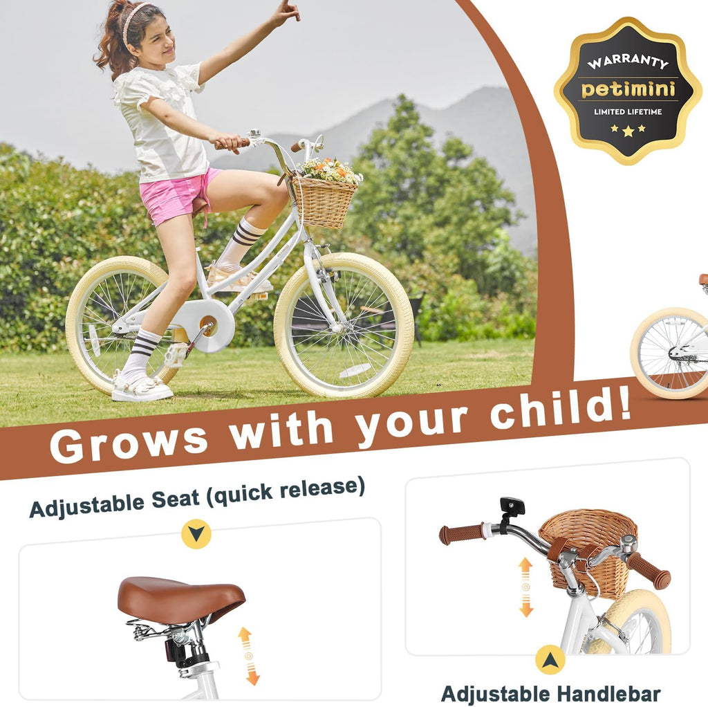 Petimini Vintage Kids Bike for Girls, 12–20 Inch Classic Bicycle with Wicker Basket & Bell, High Tensile Steel Frame, Training Wheels (12–18'), 85% Pre-Assembled, Retro Bike for Outdoor Riding