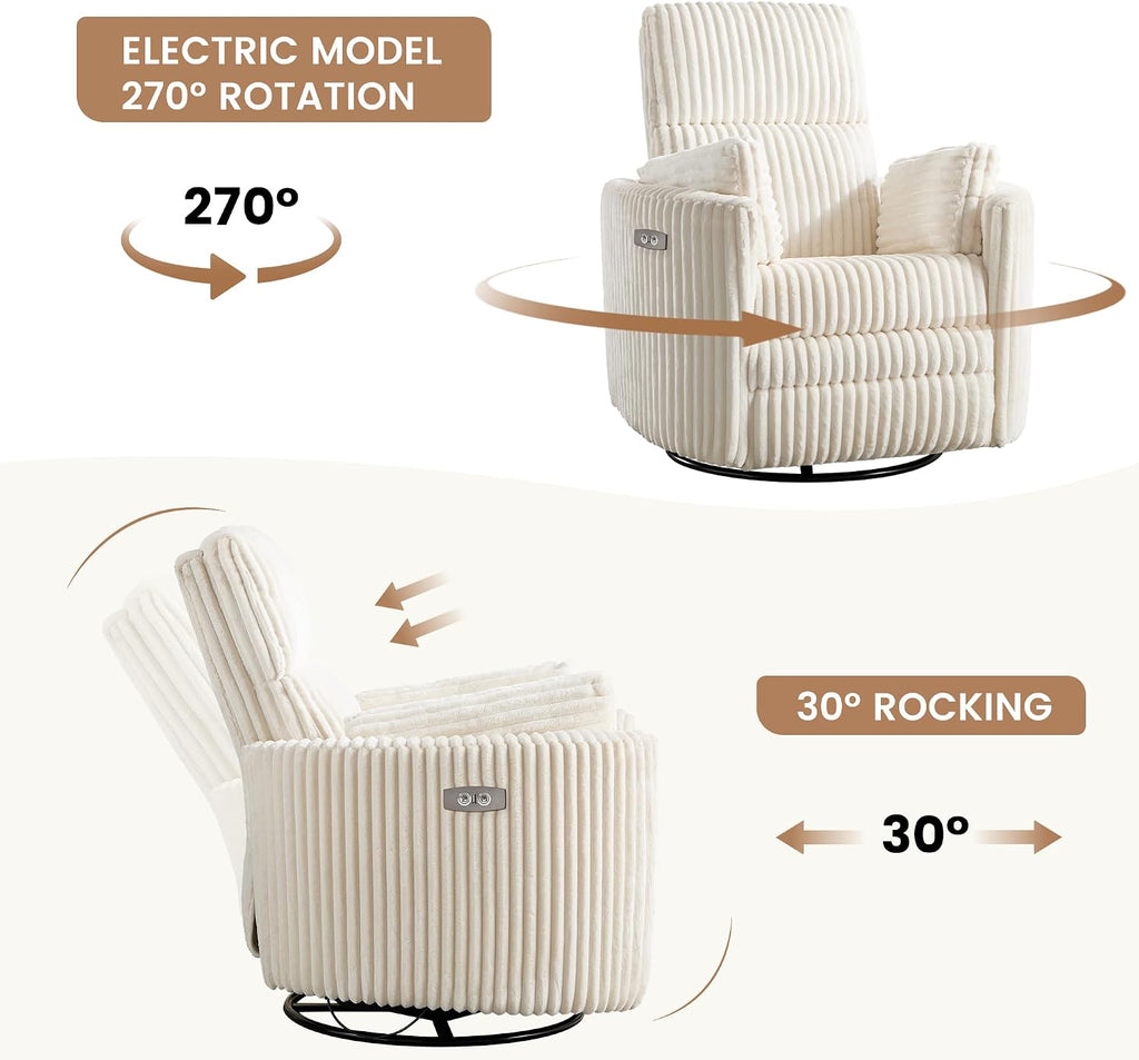 Power Recliner,Nursery Swivel Glider Rocking Chair with USB Port,Upholstered Adult Electric Recliner Rocking Chair with 2 Pillows for Living Room Bedroom (Beige Corduroy, Power-Driven)