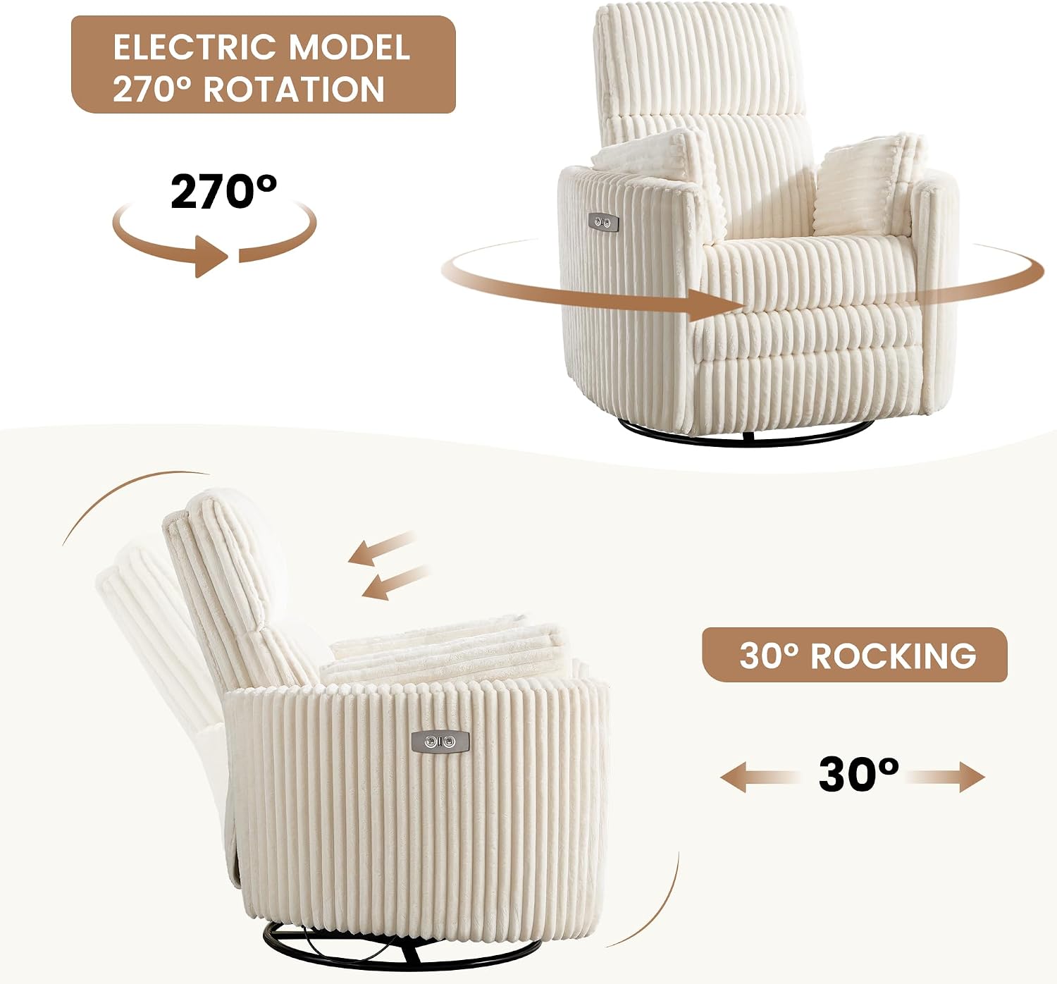 Power Recliner,Nursery Swivel Glider Rocking Chair with USB Port,Upholstered Adult Electric Recliner Rocking Chair with 2 Pillows for Living Room Bedroom (Beige Corduroy, Power-Driven)