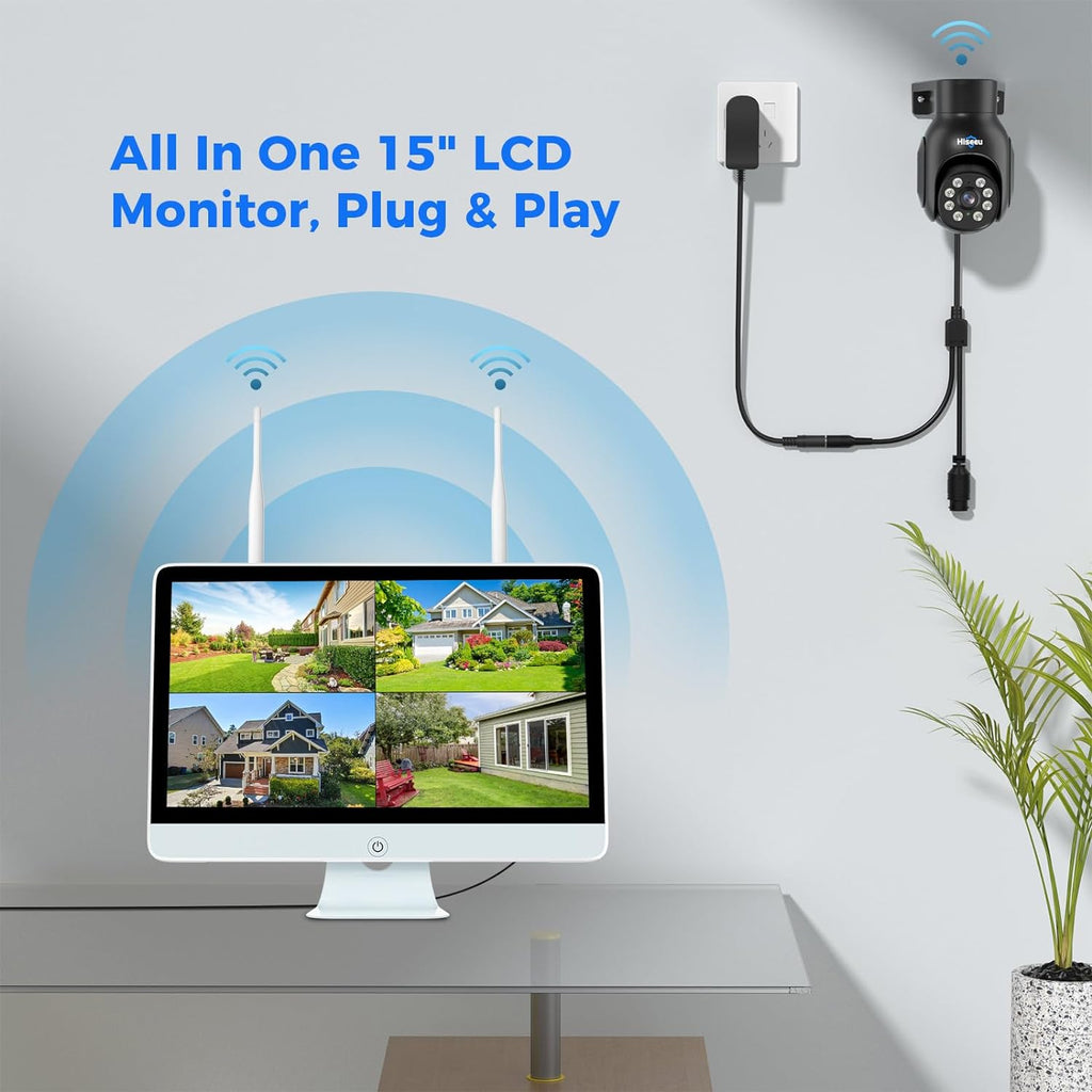Hiseeu Wireless Security Camera System,All-in-One with 15' LCD Monitor 16CH NVR 4PCS 5MP PTZ Outdoor Camera,3TB HDD Storage, 2-Way Audio, Color Night Vision, Motion Alert,2.4Ghz WiFi