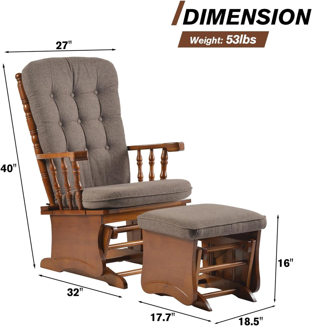 Anti-Pinch Solid Wood Hand Glider Rocking Chair Set with Ottoman, Padded Cushion, Rustic Rubber Wood Nursery Glider for Nursing, Relaxing, Living Room, Bedroom, Oak Colored