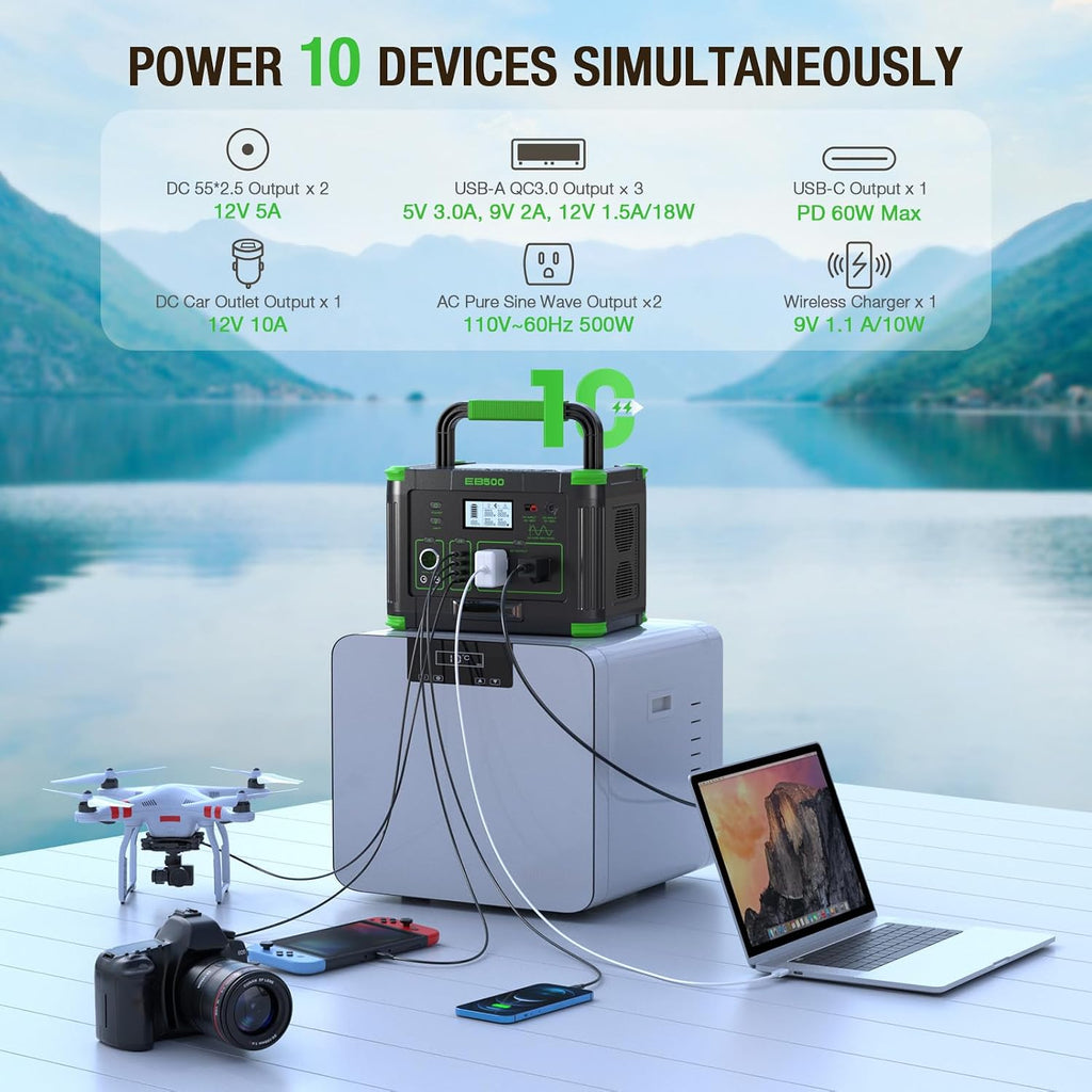 Portable Power Station 500W (Peak 1000W), 519Wh Solar Generator with 2x AC Outlets, 60W USB-C PD Fast Charging, 10-Port with Wireless Charger, Pure Sine Wave, Camping RV Travel Emergency Home Backup