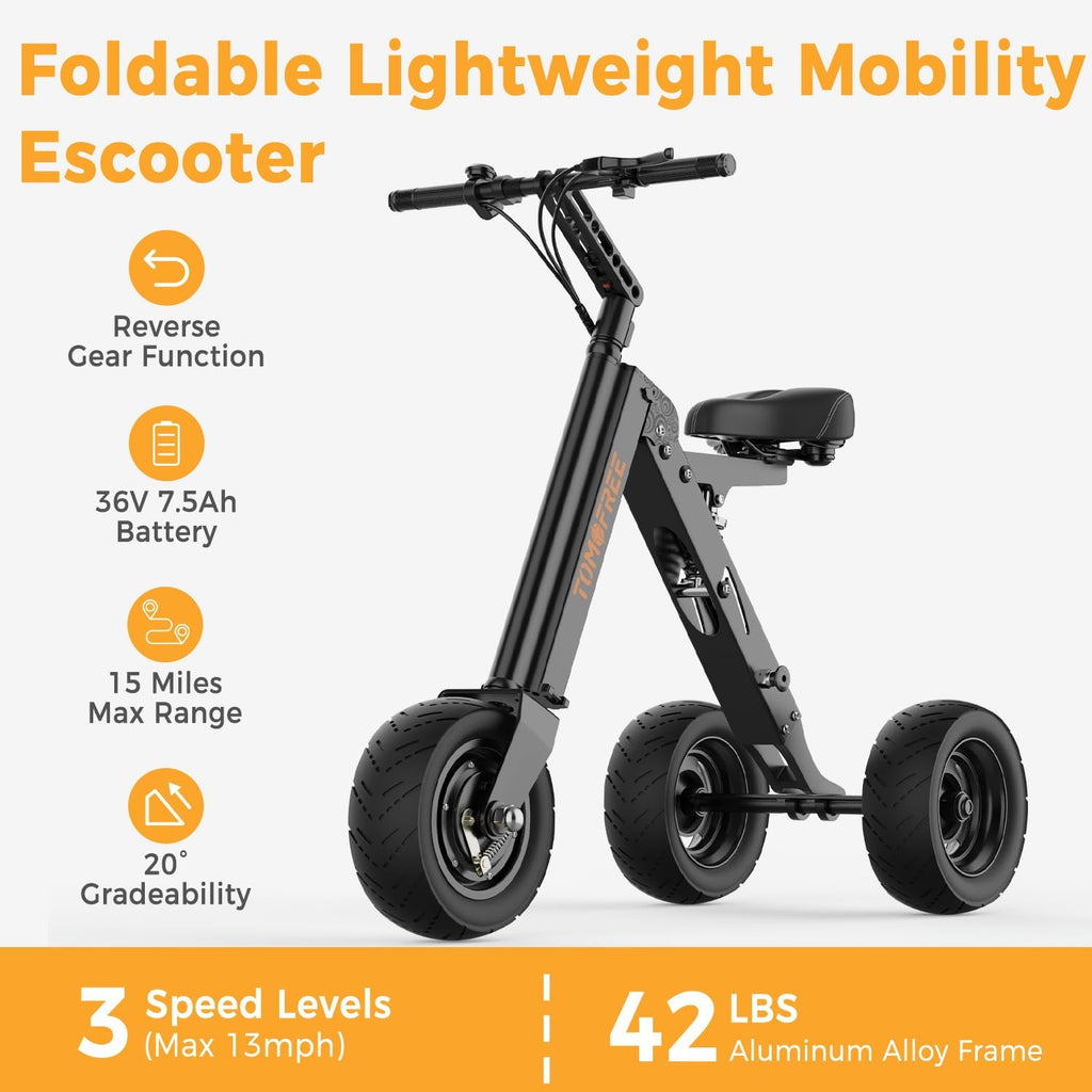 3-Wheel Electric Scooter with Seat, 42lbs Lightweight Foldable Mobility Scooter for Adults,Rear Suspension, 36V 7.5Ah Battery, Max 15mph/15miles Electric Tricycle, Daily Commutes for Seniors