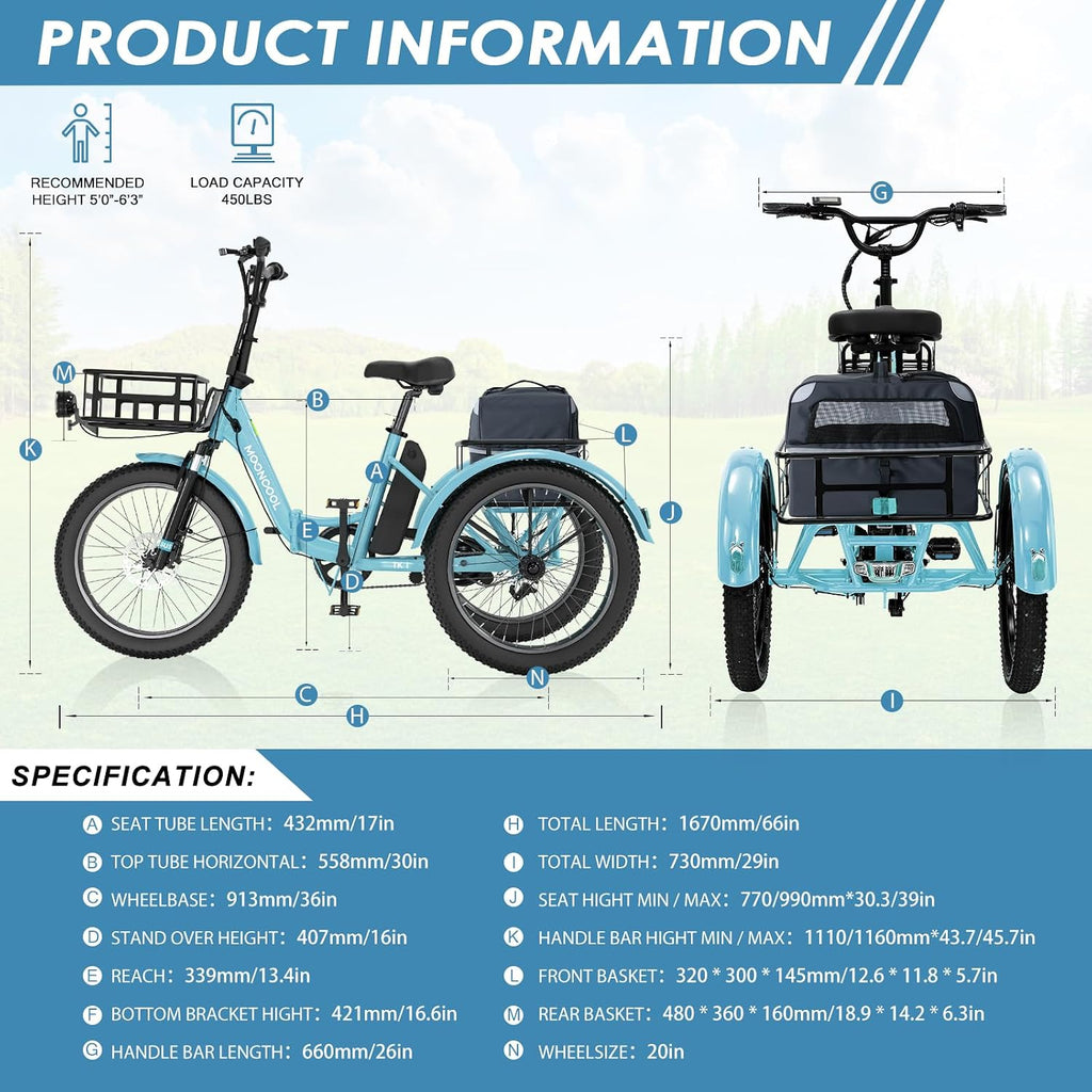MOONCOOL Folding Electric Tricycle for Adults, 48V 500W 3 Wheels Electric Trike, Aluminum Frame Electric Tricycle Adult Bicycle with Removable Battery, Storage Bags Included