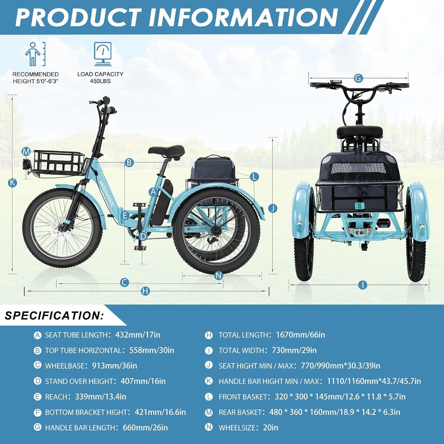 MOONCOOL Folding Electric Tricycle for Adults, 48V 500W 3 Wheels Electric Trike, Aluminum Frame Electric Tricycle Adult Bicycle with Removable Battery, Storage Bags Included
