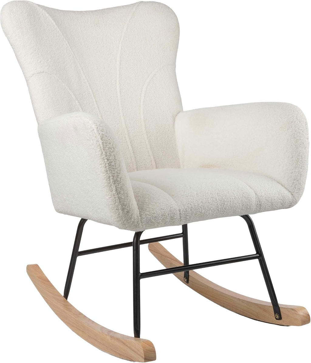 Lavish Home Rocking Chair - Teddy Fabric Upholstered Chair with Padded Seat and Contoured Armrests - Ergonomic Modern Rocker for Bedroom (Cream)