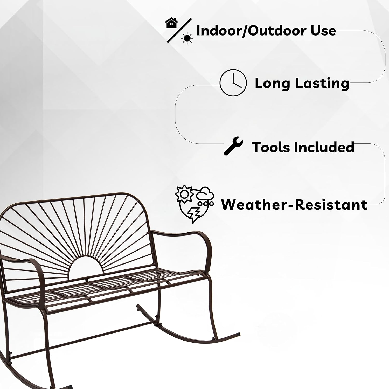 XBrand Outdoor Iron Glider Rocking Bench, Weather-Resistant Patio Glider Rocking Chair with Sun-Pattern Backrest, Heavy-Duty Porch Garden Seating for Yard & Patio, Brown