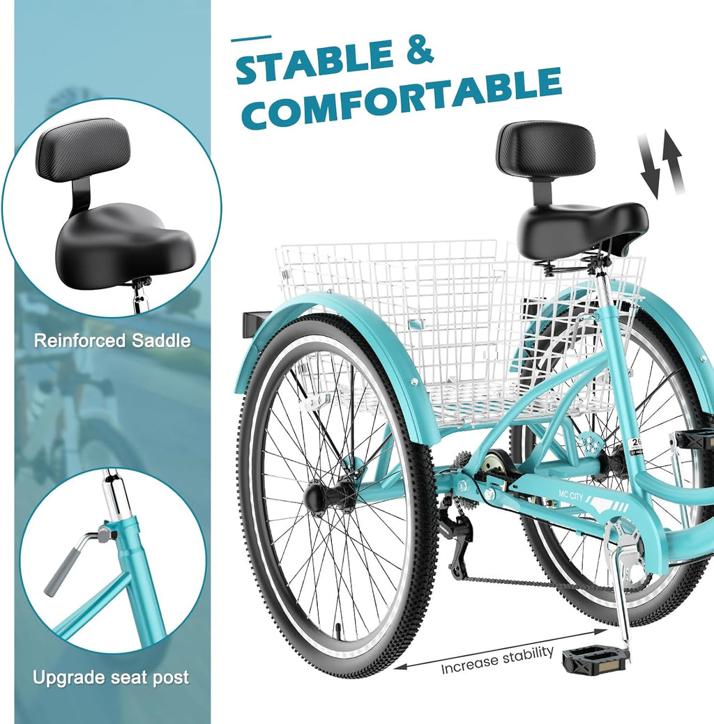 MOPHOTO Adult Tricycle 7 Speed, 20/24/26 Inch Low Step-Through Adult Trike with Large Rear Basket, 350 lbs Capacity 3 Wheel Bike for Seniors, Women and Men