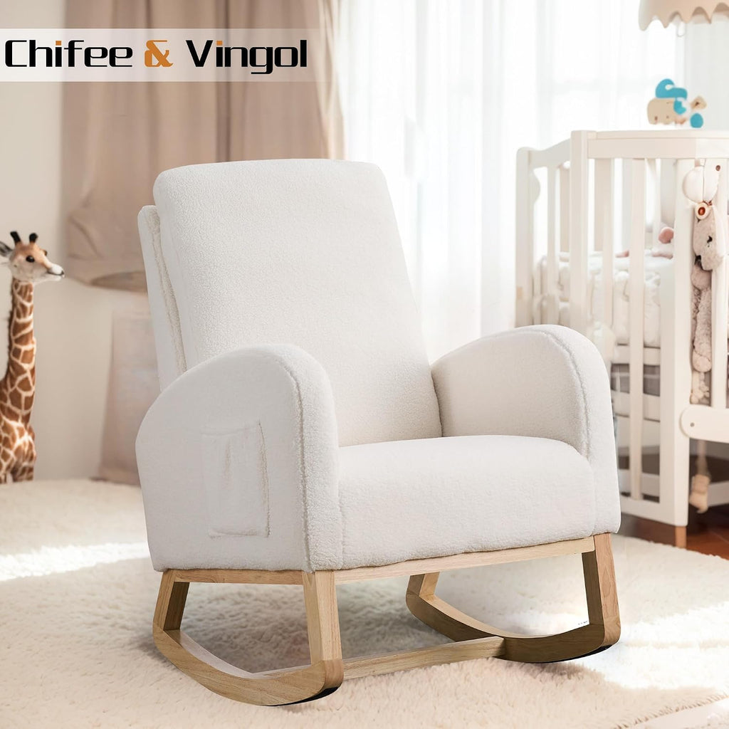 Chifee & Vingol Rocking Chair Nursery Sherpa Boucle Nursing Glider Rocker Chair, Teddy White