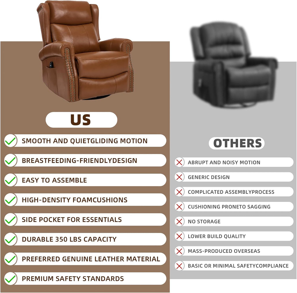 PELUMY Genuine Leather Swivel Rocking Recliner Chair for Adults, 360° Swivel Glider Rocker with Heat & Vibrating Massage, Lounge Chair for Living Room, Bedroom, Nursery (Earth Yellow)