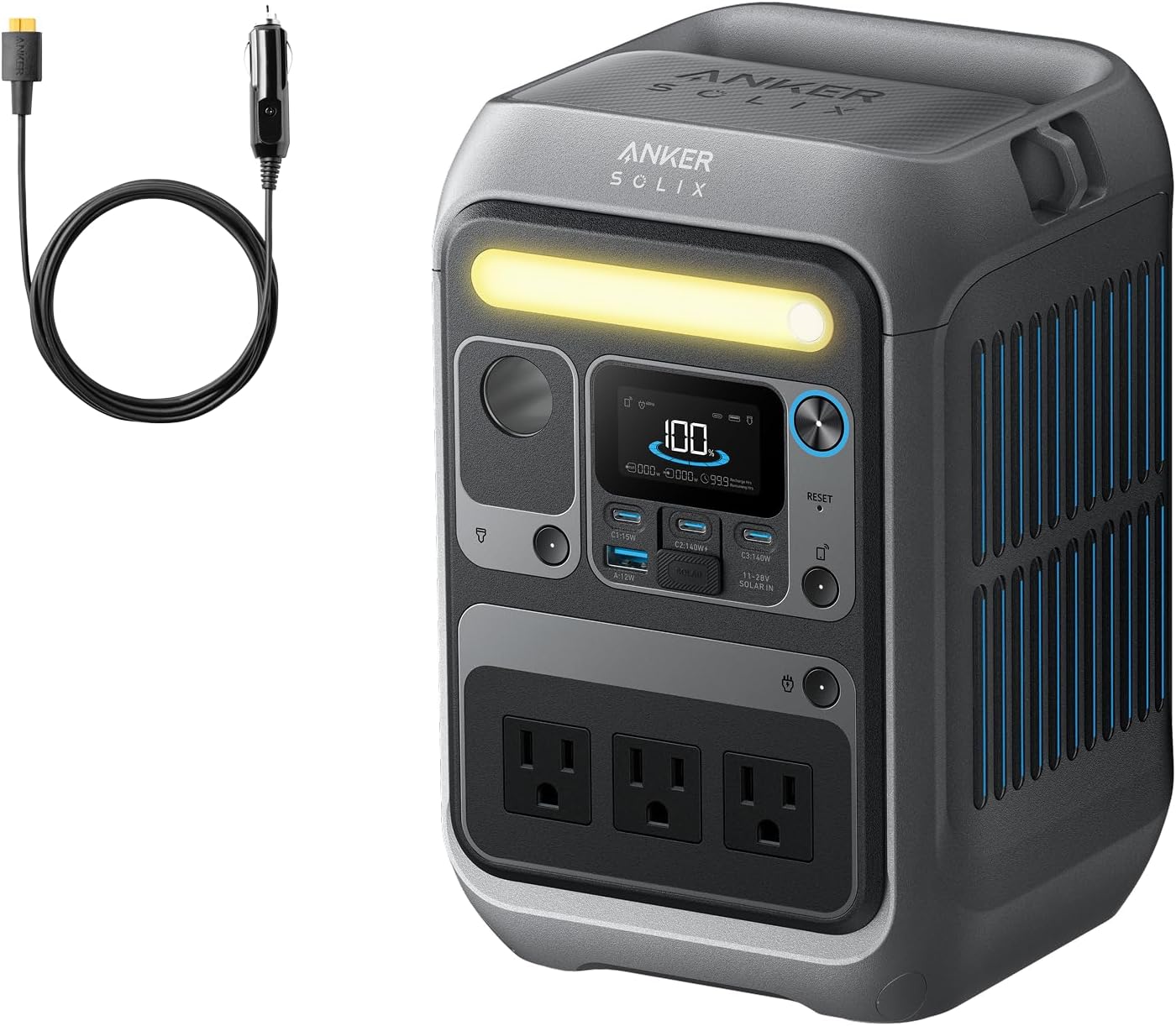 Anker SOLIX C300 Portable Power Station with Car Charging Cable, Outdoor 288Wh LiFePO4 Battery, 300W (600W Surge) Solar Generator, 140W Two-Way Fast Charging, for Camping, Traveling, and Emergencies.
