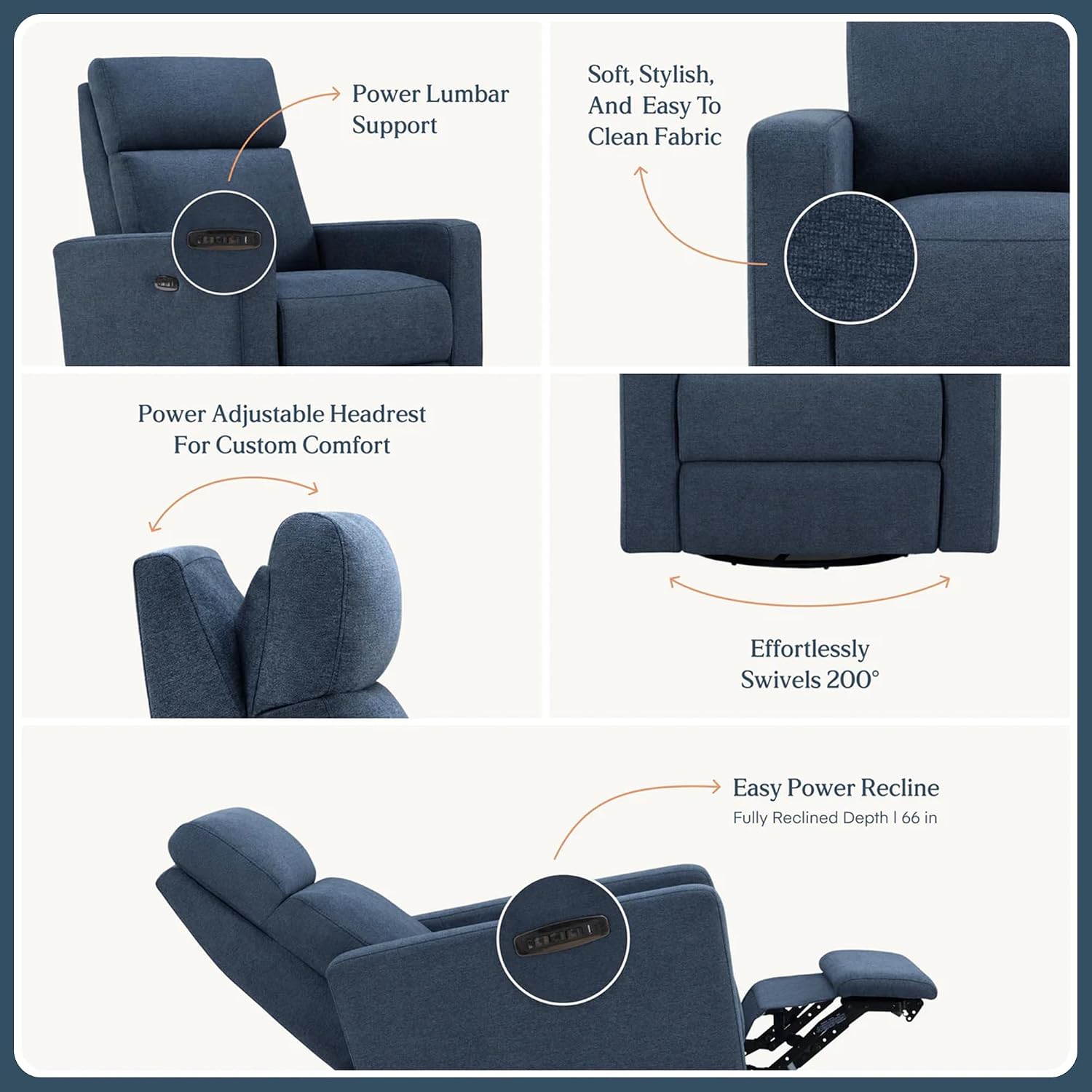 Nurture& The Glider Plus - Premium Nursery Power Recliner | Swivel Chair with Adjustable Head Support and Adjustable Lumbar Support | Built-in USB - The Ultimate Comfort for Nursing, Relaxing (Navy)