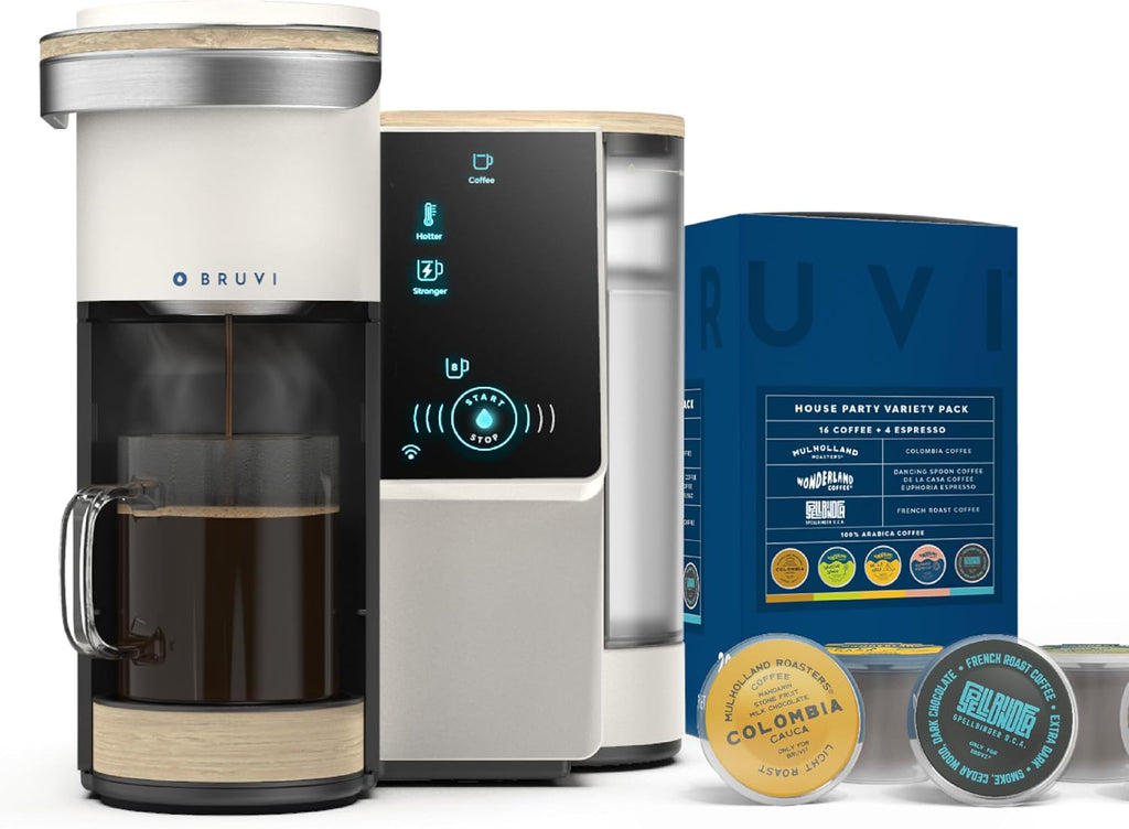 BRUVI Single-Serve Coffee Maker Bundle | Brews Coffee, Espresso, Cold Brew, Matcha Green Tea & More | Includes Brewer + 20 Variety Pods | Touchscreen, WiFi, 70 oz Tank | Cream