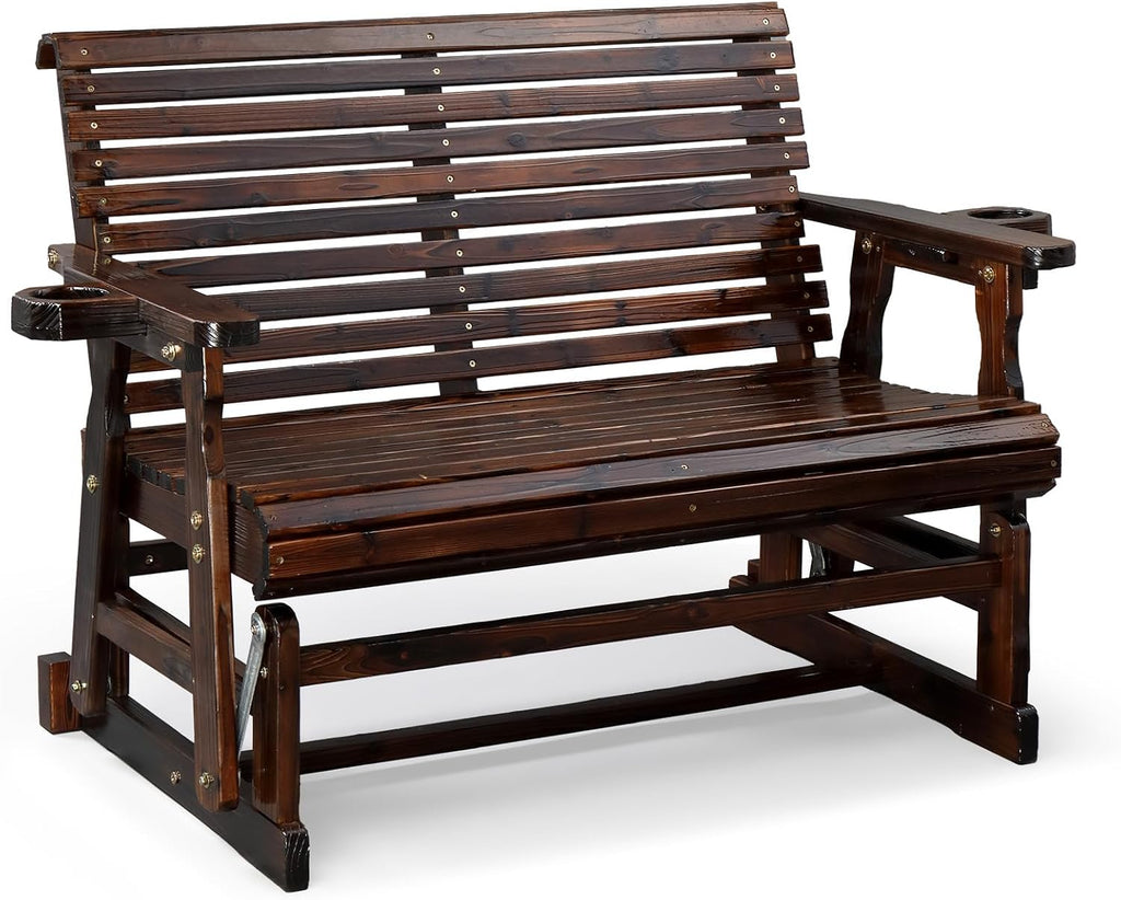 VINGLI Wooden Patio Glider, Heavy Duty 800 LBS Outdoor Glider with Cup Holders, 4 FT Wooden Glider Bench with High Backrest for Garden, Yard, Patio, Rustic
