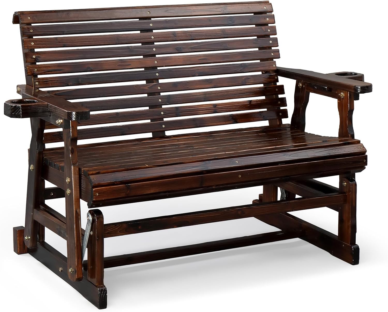 VINGLI Wooden Patio Glider, Heavy Duty 800 LBS Outdoor Glider with Cup Holders, 4 FT Wooden Glider Bench with High Backrest for Garden, Yard, Patio, Rustic