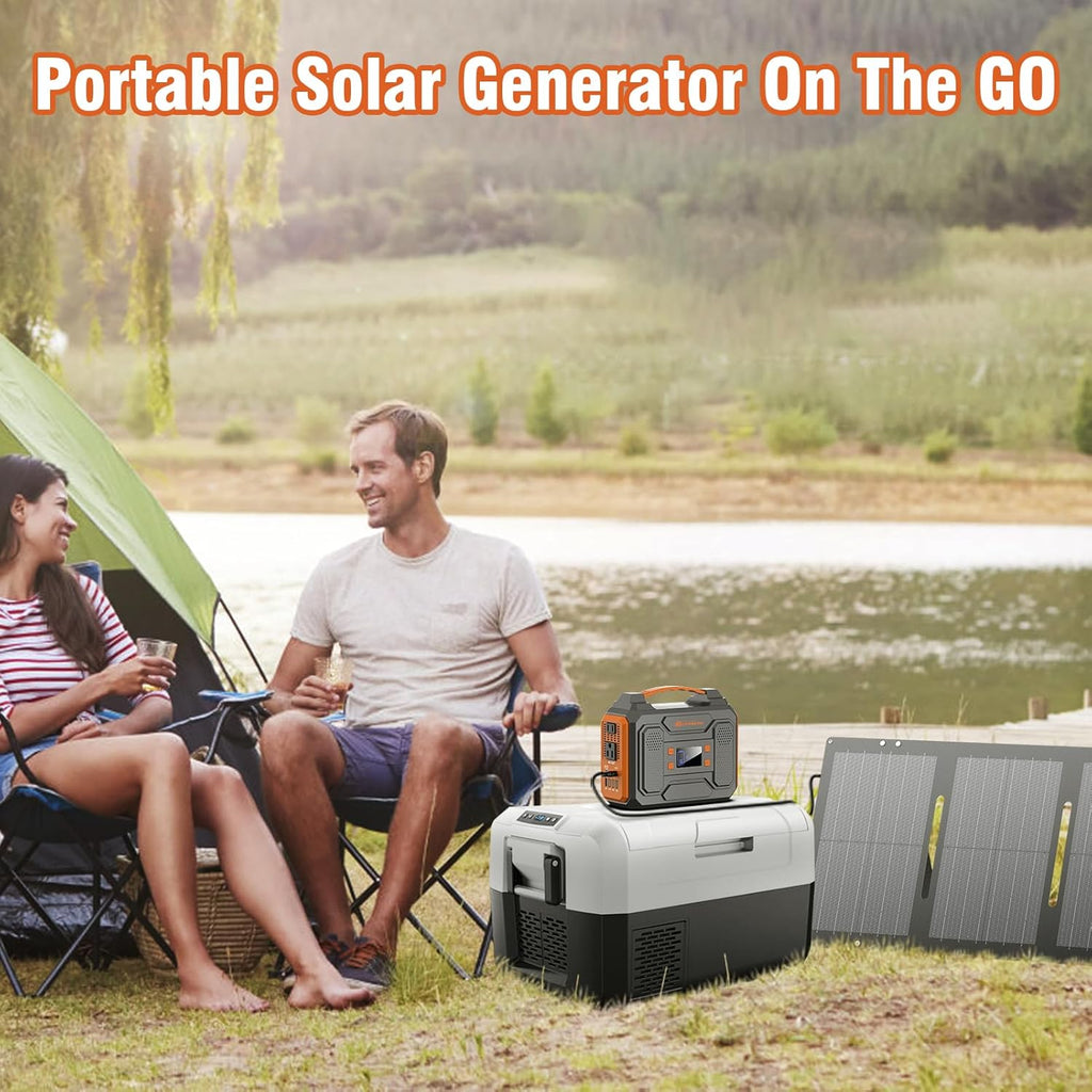 300W Portable Solar Power Station Generator with Foldable 60W Solar Panel Charger, 120W 110V Portable Power Bank with AC Outlet for Camping RV Van Home Outdoor Adventure Backup with USB C