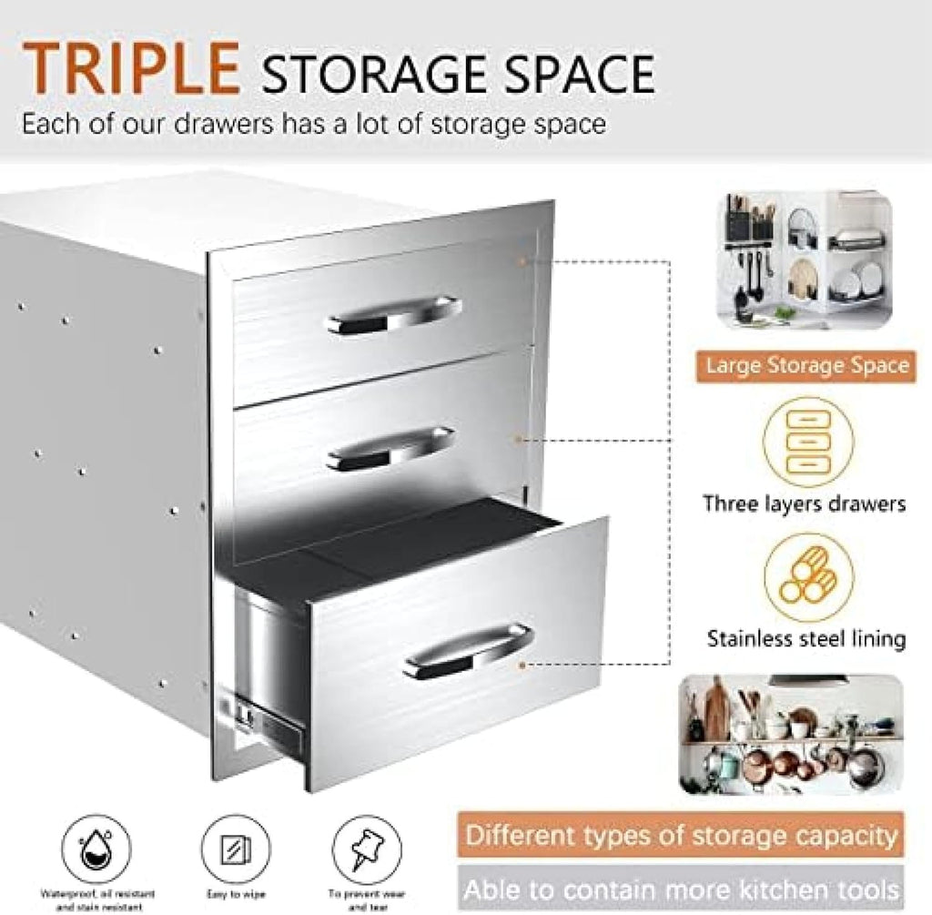 Outdoor Kitchen Drawer BBQ Drawer Outdoor Kitchen Access Drawers Horizontal- Stainless Steel Double Drawers for Outdoor Kitchen Grilling Station Or BBQ Island,20Wx23Dx27H