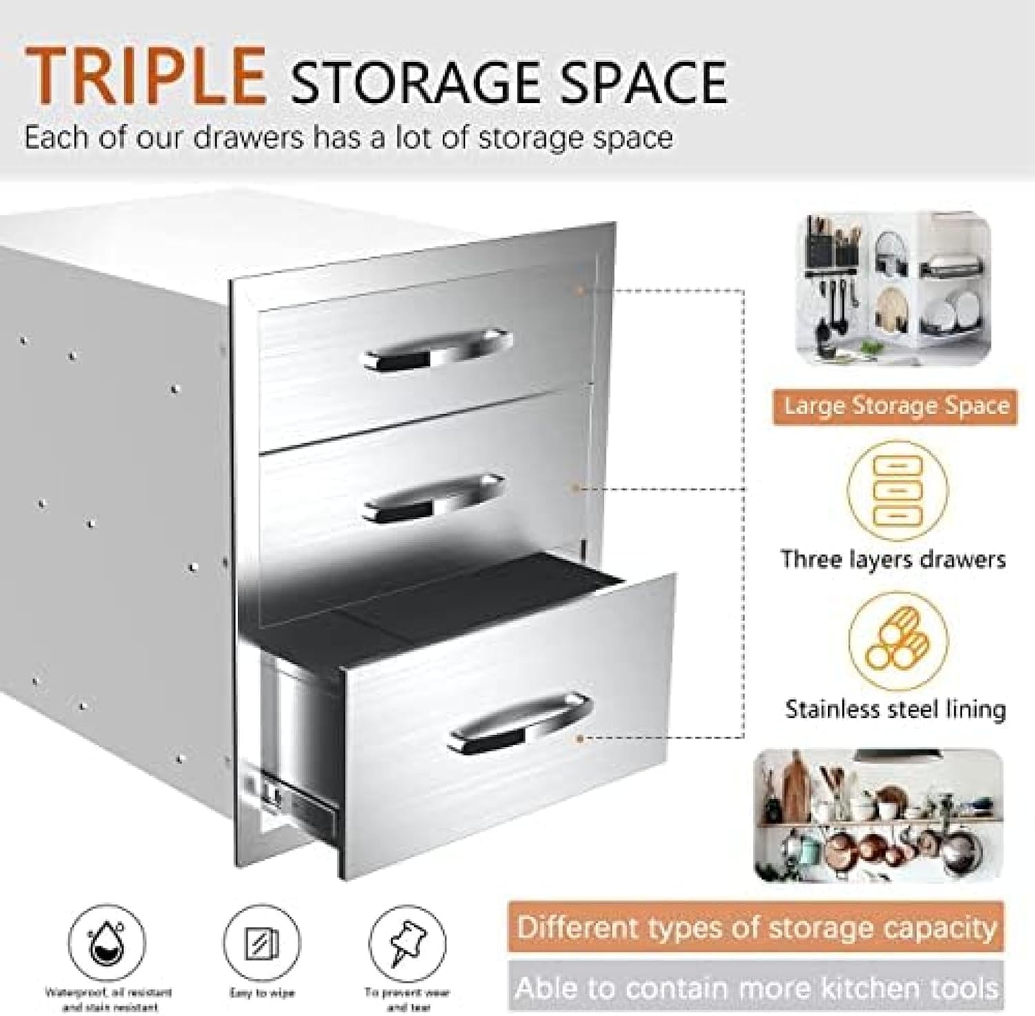 Outdoor Kitchen Drawer BBQ Drawer Outdoor Kitchen Access Drawers Horizontal- Stainless Steel Double Drawers for Outdoor Kitchen Grilling Station Or BBQ Island,20Wx23Dx27H
