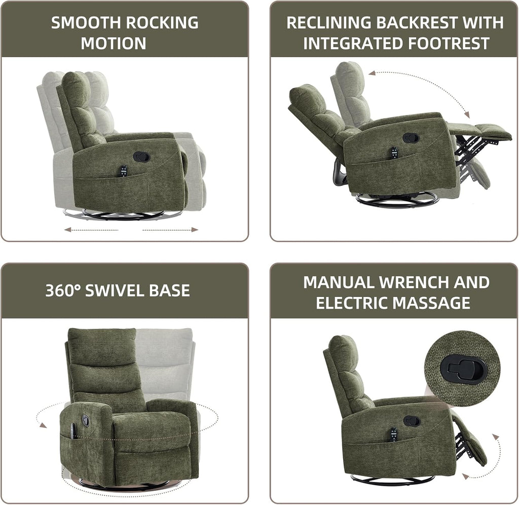 PELUMY 360° Swivel Rocker Recliner with Heat & Vibration Massage, Glider Rocking Chair for Adults, Compact Recliner for Living Room, Small Spaces, Nursery, Bedroom (Chenille, Green)