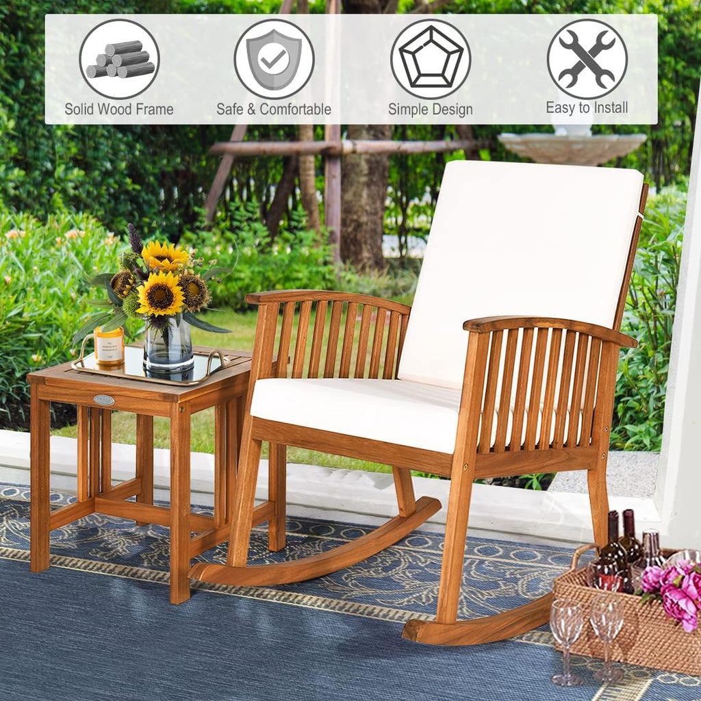 Tangkula 3 Pieces Acacia Wood Rocking Bistro Set, Outdoor Furniture Front Porch Rocker Chairs Conversation Set with Coffee Table and Cushions for Lawn, Balcony, Backyard
