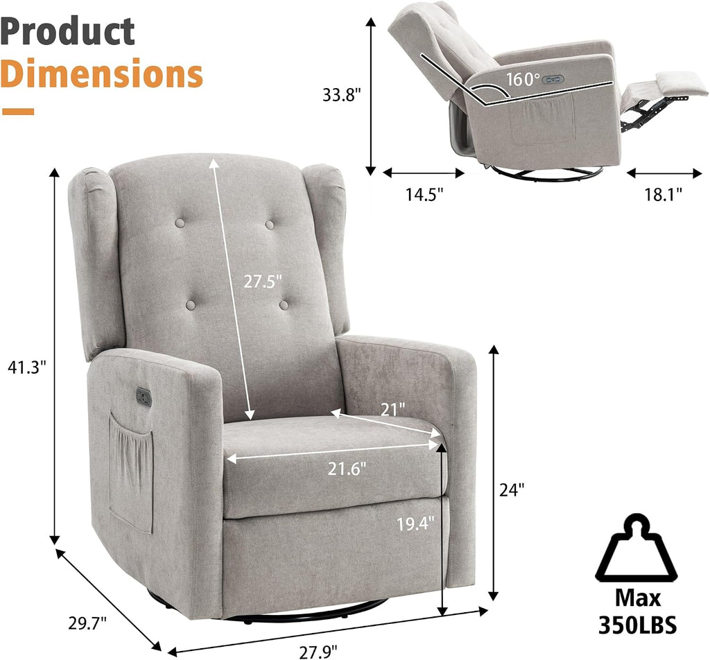 Ketaiyou Power Swivel Rocking Recliner Chair, High Back Electric Rocker Nursery Glider Chair, USB and Type-C Ports, Upholstered Fabric Reclining Single Sofa Chair for Living Room (Grey)