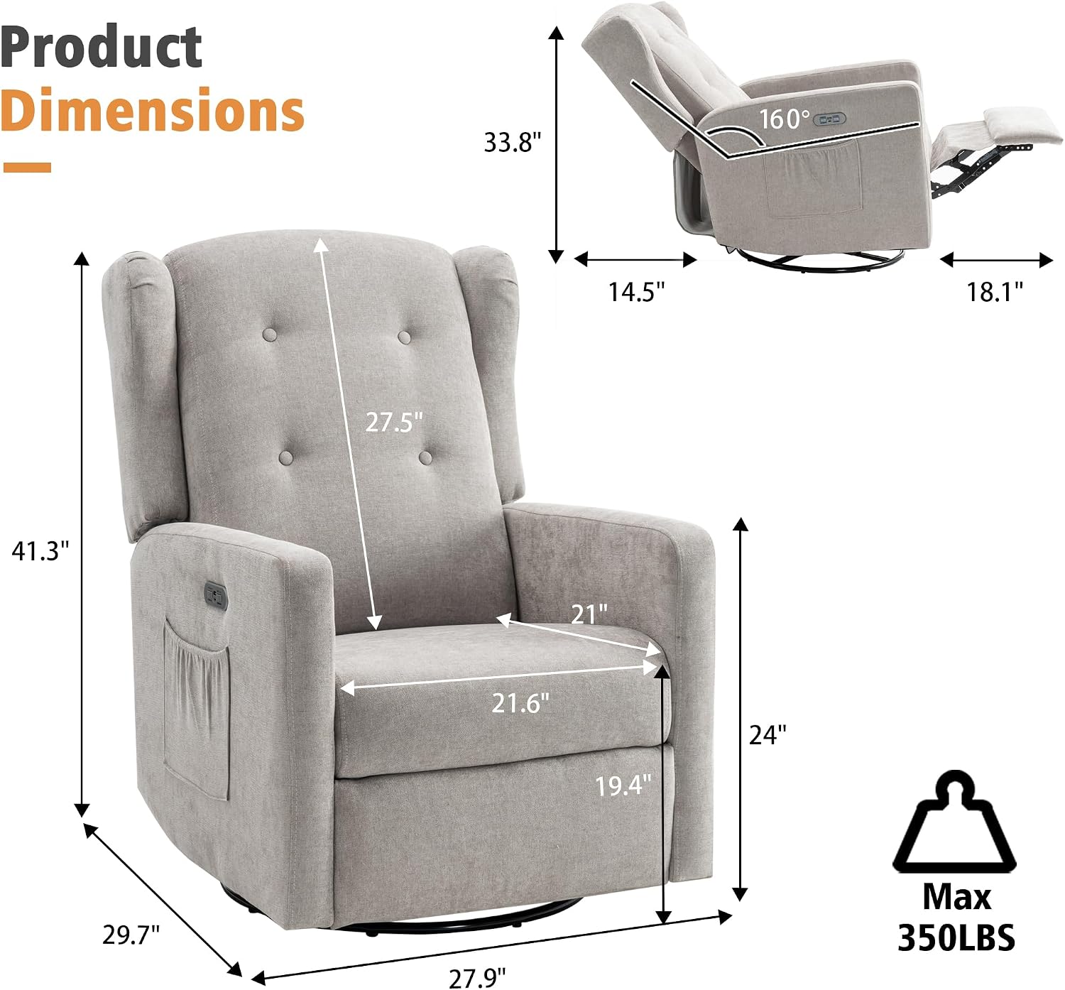 Ketaiyou Power Swivel Rocking Recliner Chair, High Back Electric Rocker Nursery Glider Chair, USB and Type-C Ports, Upholstered Fabric Reclining Single Sofa Chair for Living Room (Grey)