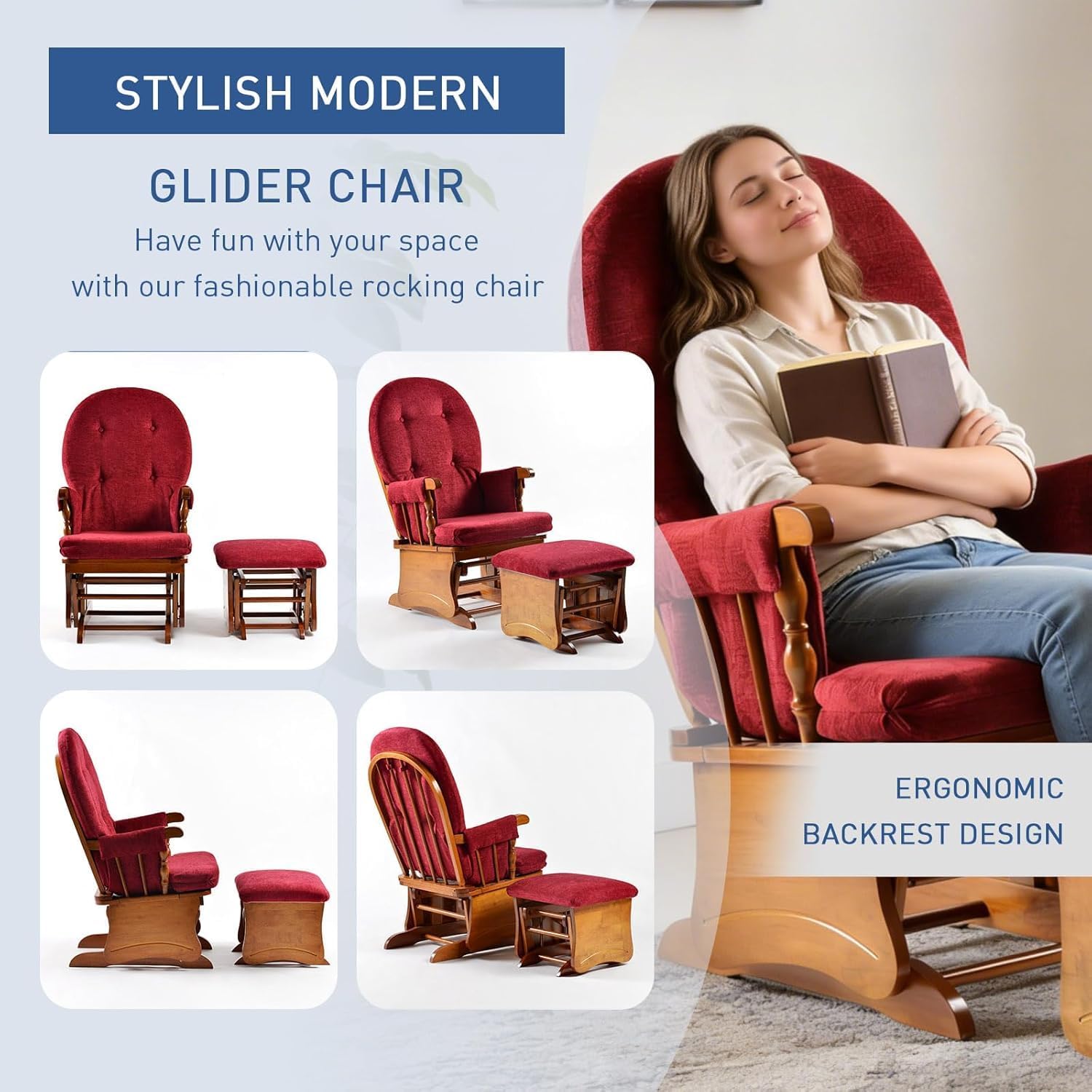 Glider Rocking Chair with Ottoman Set, Solid Rubberwood Nursery Swivel Glider, High Back Upholstered with Thick Padded Cushion, 280LBS Capacity, for Living Room, Nursing, Reading, Red