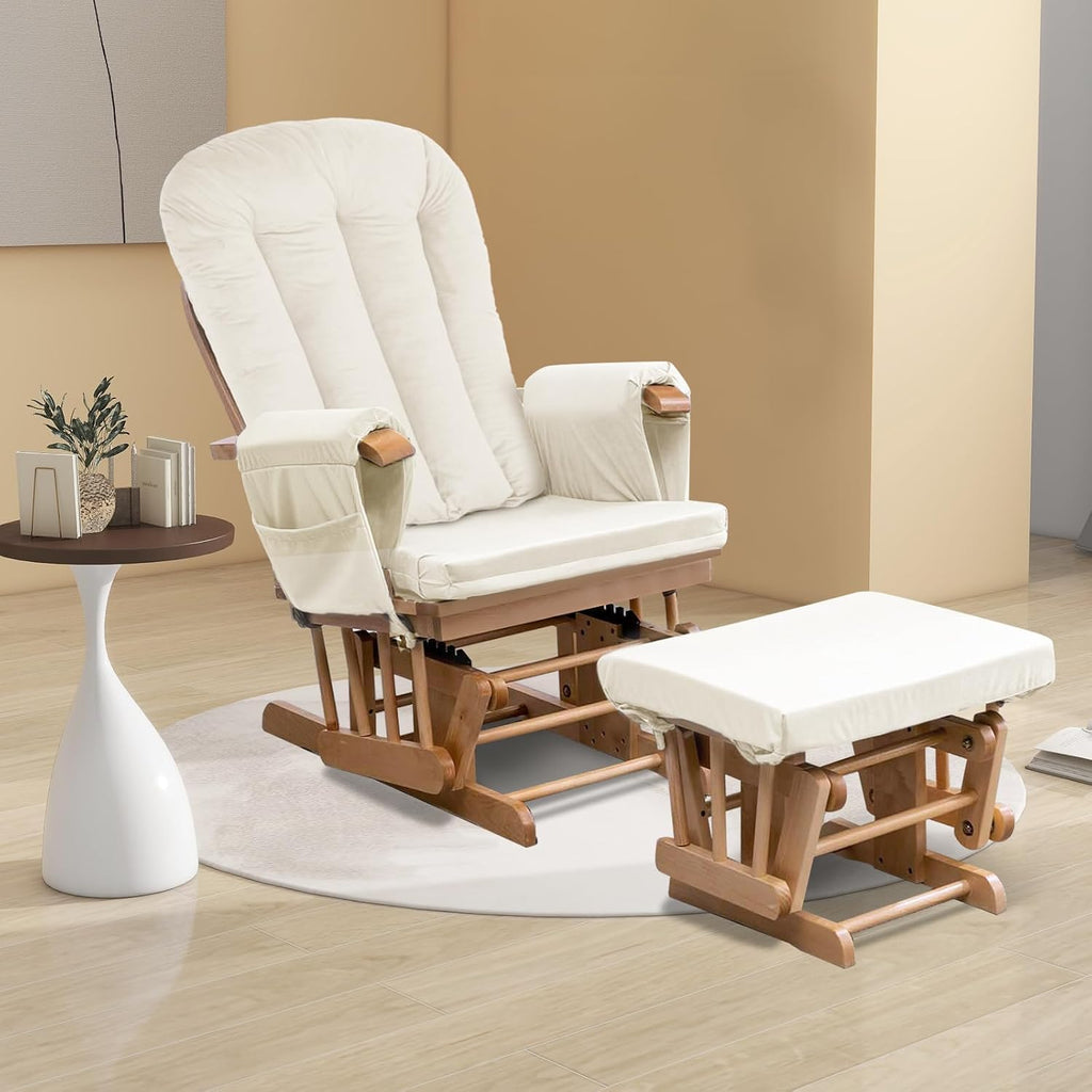 Lucky Monet 5PCS Velvet Glider Rocker Replacement Cushions, Thickened & Supportive Rocking Chair Cushion Set with 29.5 Inch High Backrest & Storage Pockets, for Indoor Nursery Glider, Beige