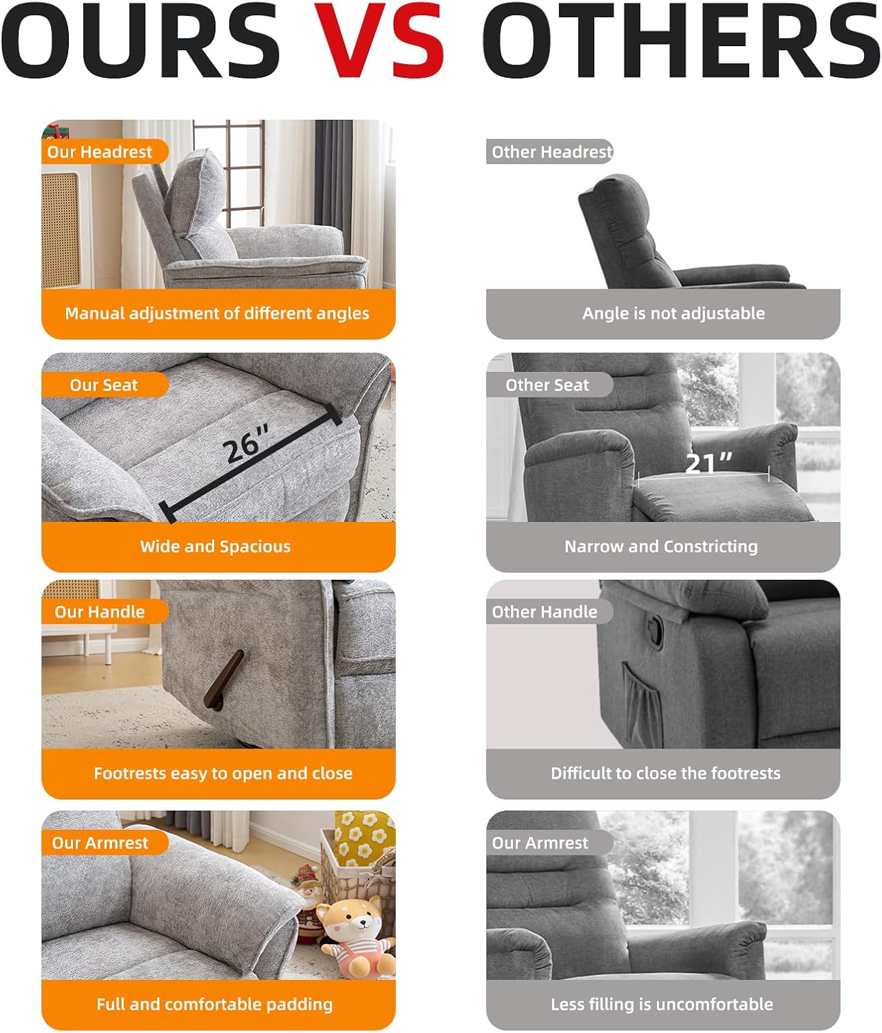 Oversized Glider Rocker Recliner, 26' Extra Wide 360° Swivel Nursery Recliner with Adjustable Headrest, Chenille Rocking Nursery Chair with Overstuffed Armrest, Lumbar Support, Light Grey