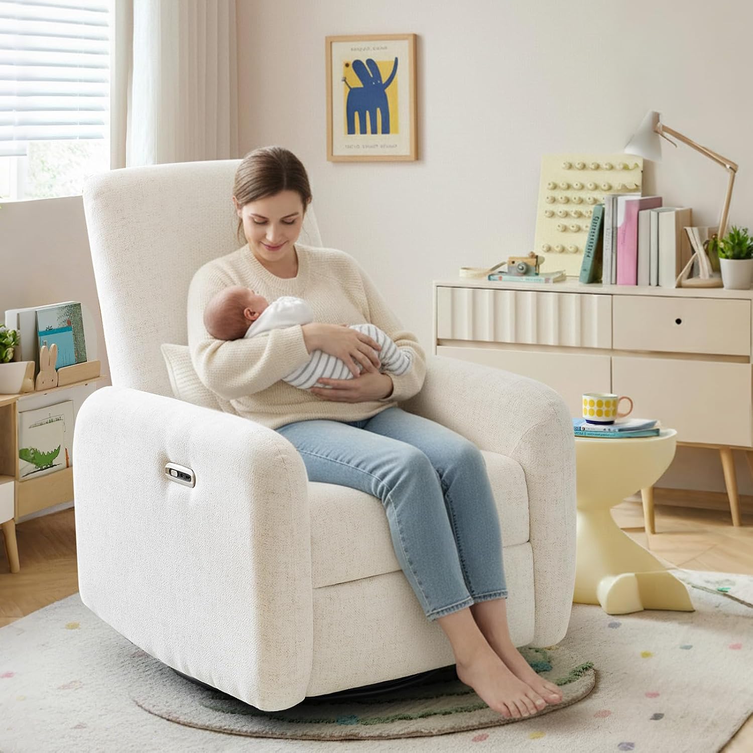 Nursery Rocking Chairs, 270° Oversized Power Swivel Glider Rocker Recliner w/USB & Type-C Charging Port, Rotating Rocking Reclining Nursing Chair for Breastfeeding, Living Room,Bedroom,White