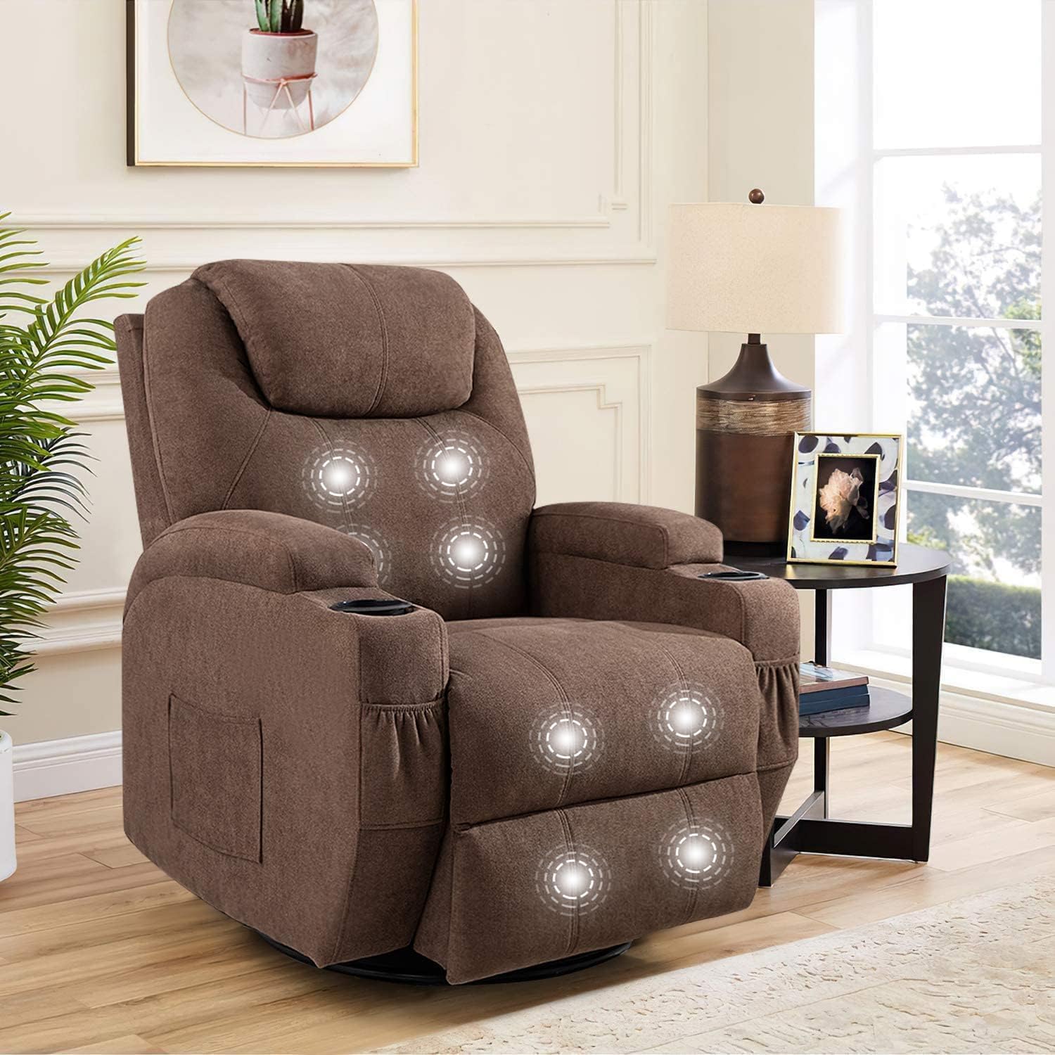 Flamaker Rocking Chair Recliner Chair with Massage Swivel Ergonomic Lounge Chair Classic Single Sofa with 2 Cup Holders Side Pockets Living Room Chair Home Theater Seat (Brown)