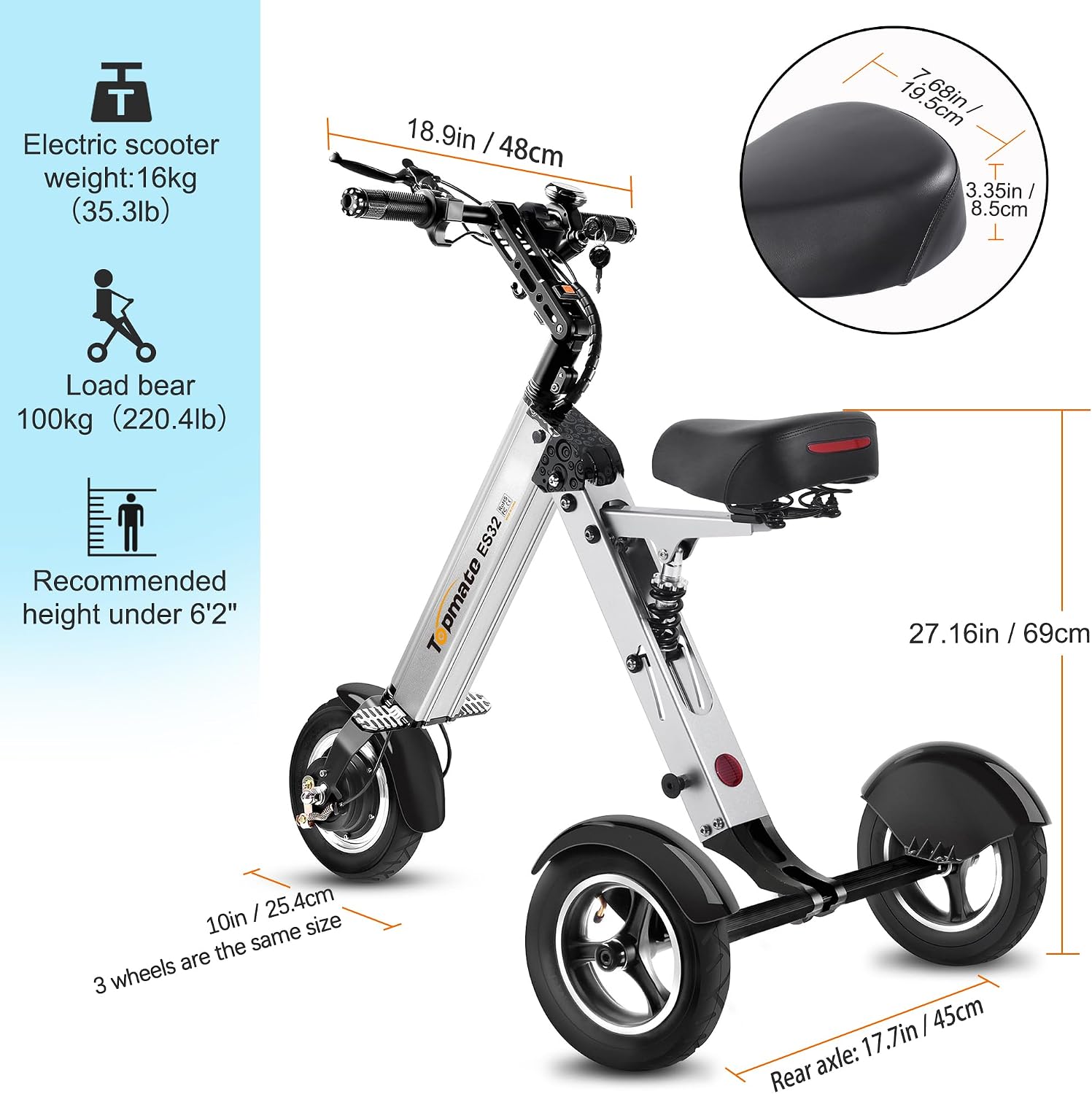 TopMate ES32 Electric Scooter 3 Wheels Foldable with Seat for Adults, Light Weight Mobility with Reverse Function and Key Switch, 10 Inch Pneumatic Tires Scooter