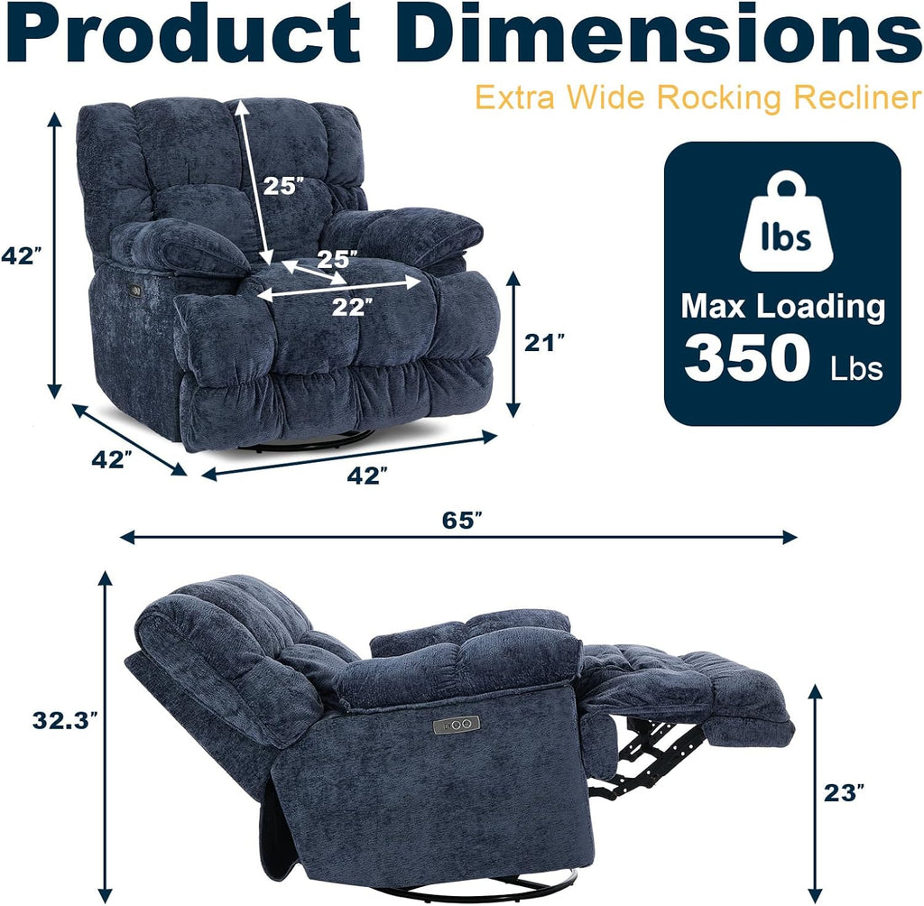 GINGO Power Oversized Recliner Chair, Extra Wide Swivel Rocking Recliner Chair, Breathable Soft Fabric Modern Single Sofa for Living Room, 90°-140° Electric Adjustable Angle, USB & Type-C Port, Blue