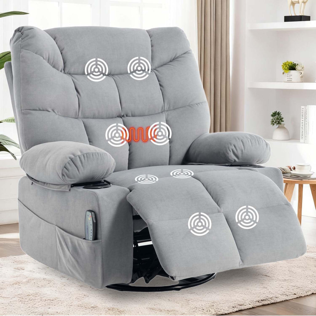 KCQ Swivel Rocker Recliner Chair with Massage and Heat, Fabric Heated Reclining Chairs Manual Recliner with Cup Holder for Adults, Nursery Rocking Glider Chair, Grey