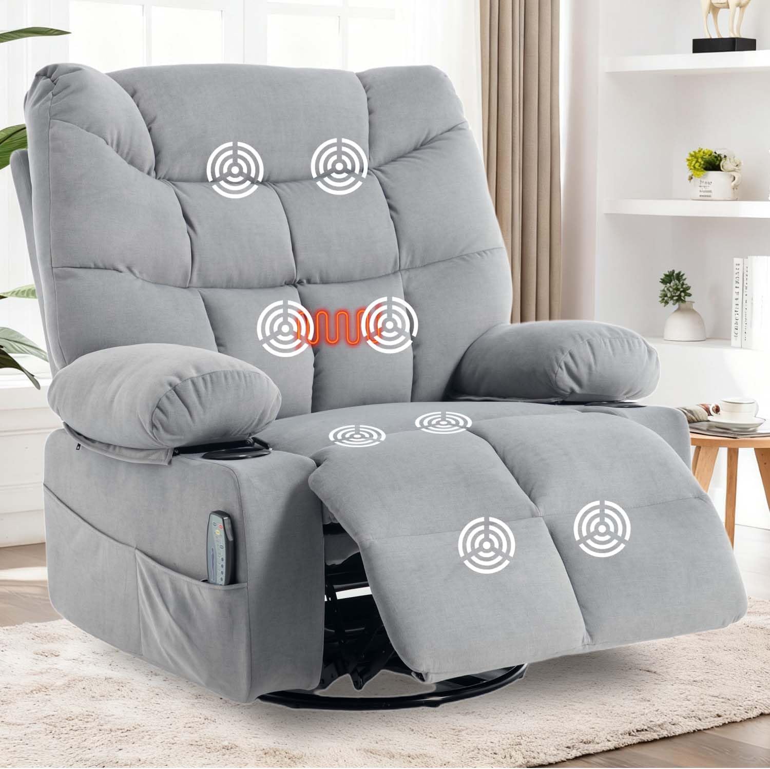 KCQ Swivel Rocker Recliner Chair with Massage and Heat, Fabric Heated Reclining Chairs Manual Recliner with Cup Holder for Adults, Nursery Rocking Glider Chair, Grey